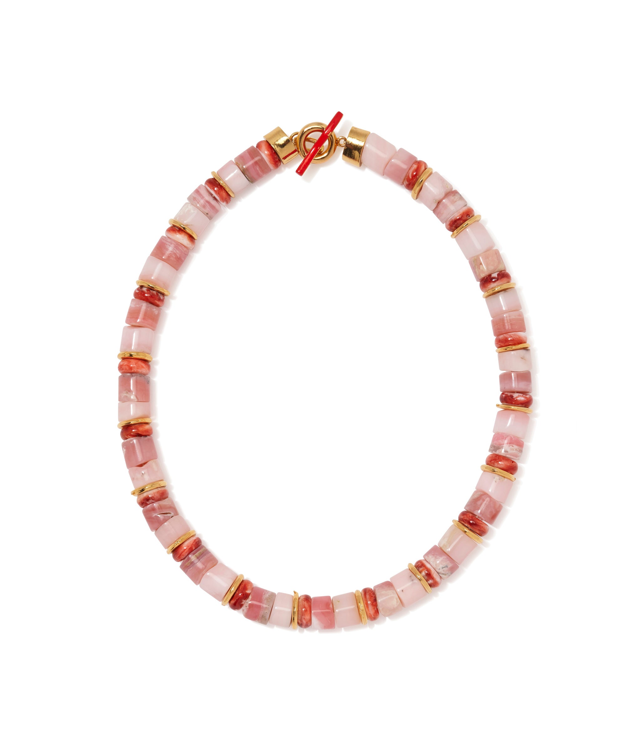 Rosado Necklace. Light and dark pink opal and red spiny oyster beaded striped collar necklace with cherry enamel closure
