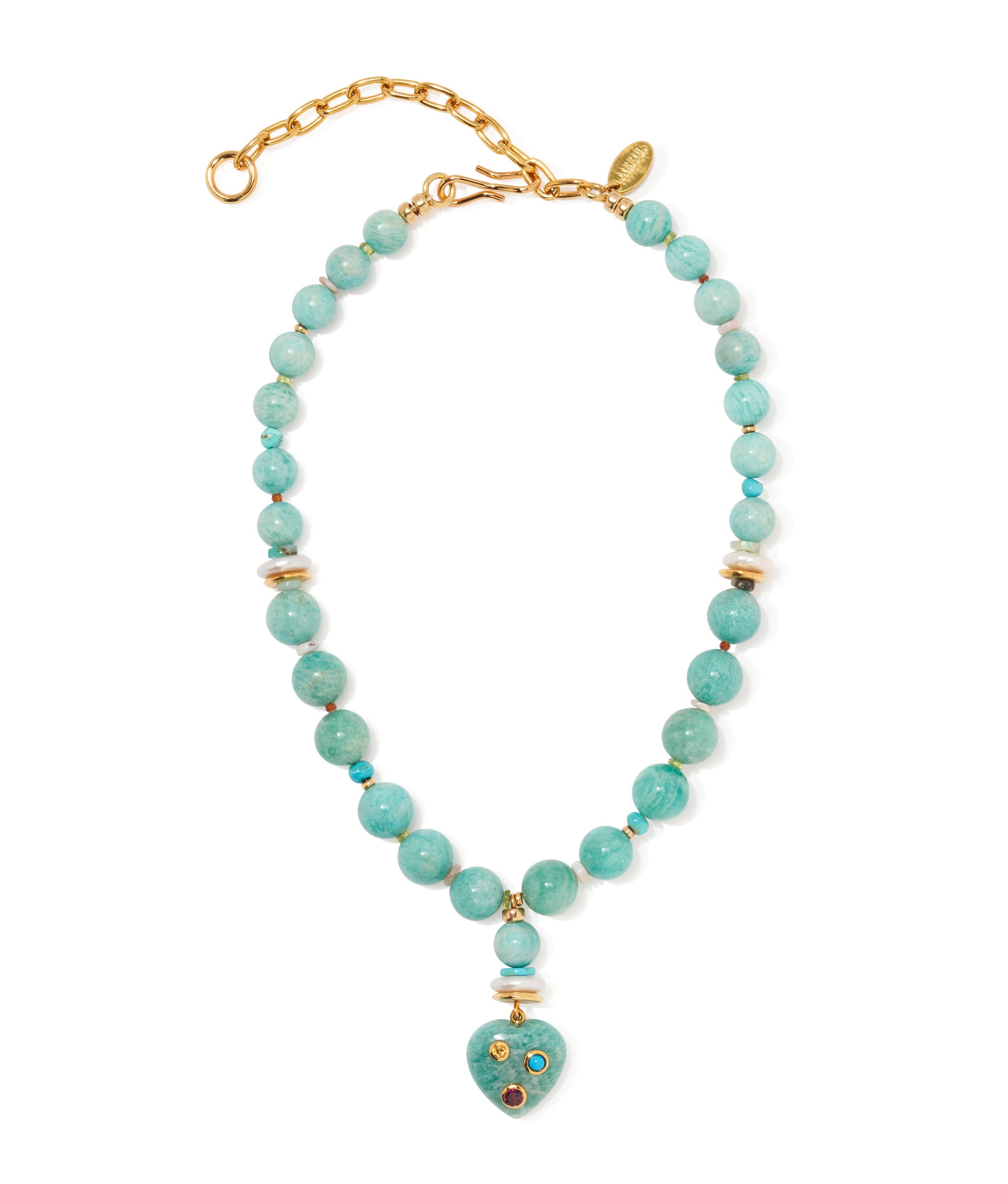 Rincon Heart Necklace. Ocean-hued amazonite beaded necklace dotted with small colorful beads and an Amazonite heart drop