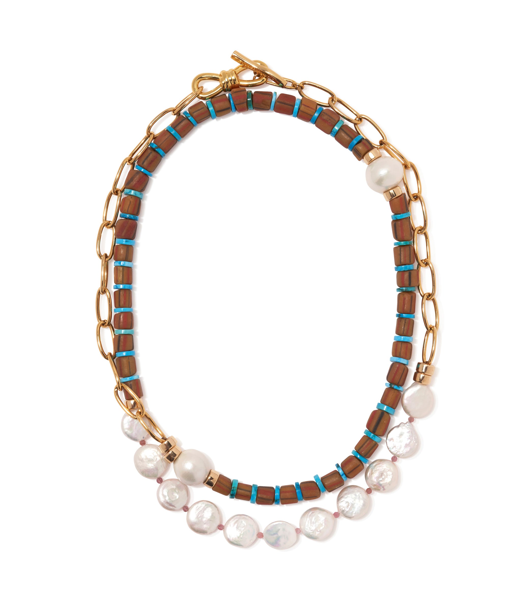 Porto Covo Necklace in Azul. Necklace with freshwater pearls, brown java glass beads, dyed blue howlite. Wrapped twice.