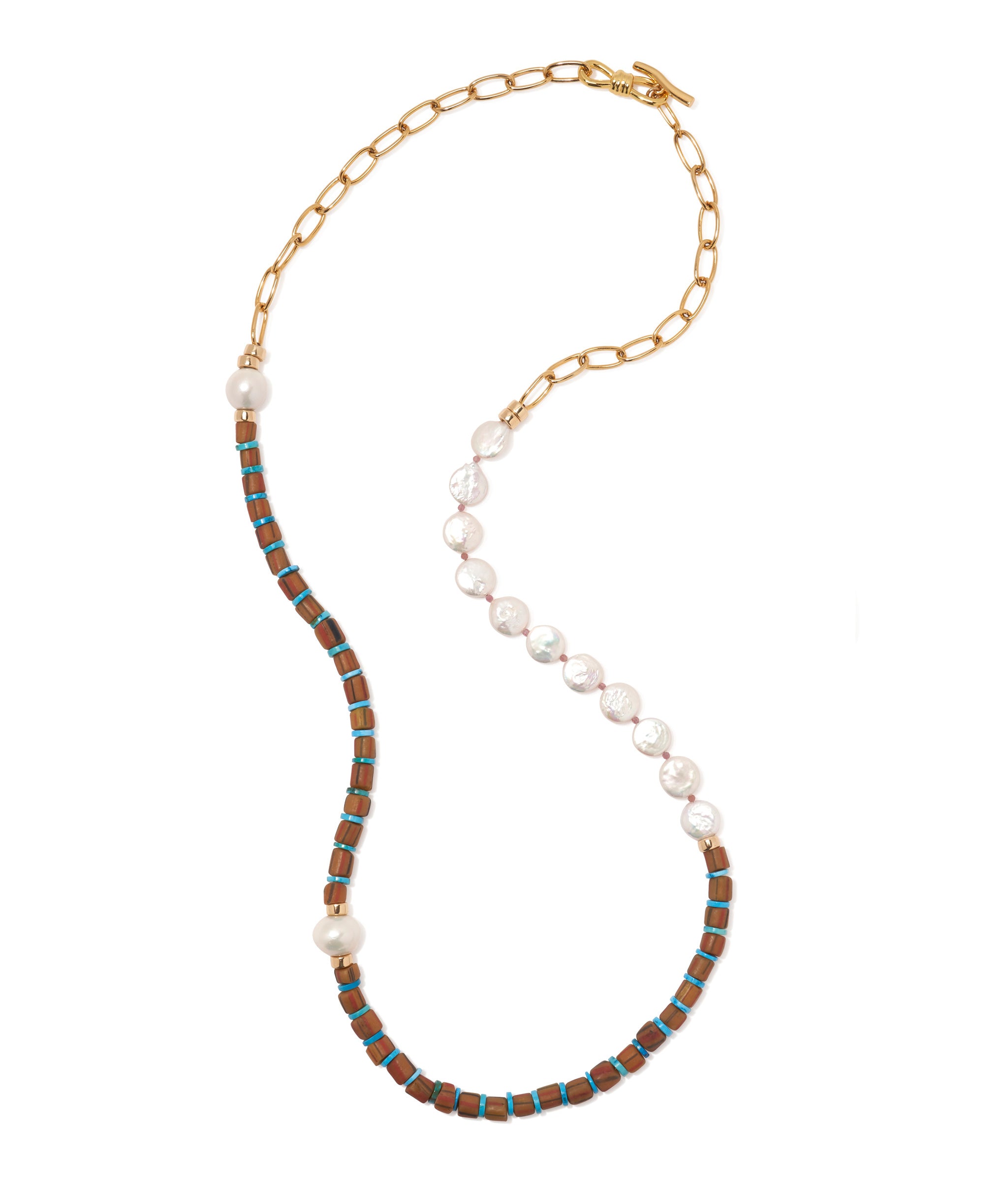 Porto Covo Necklace in Azul. Necklace with freshwater pearls, brown java glass beads, dyed blue howlite. Shown long.