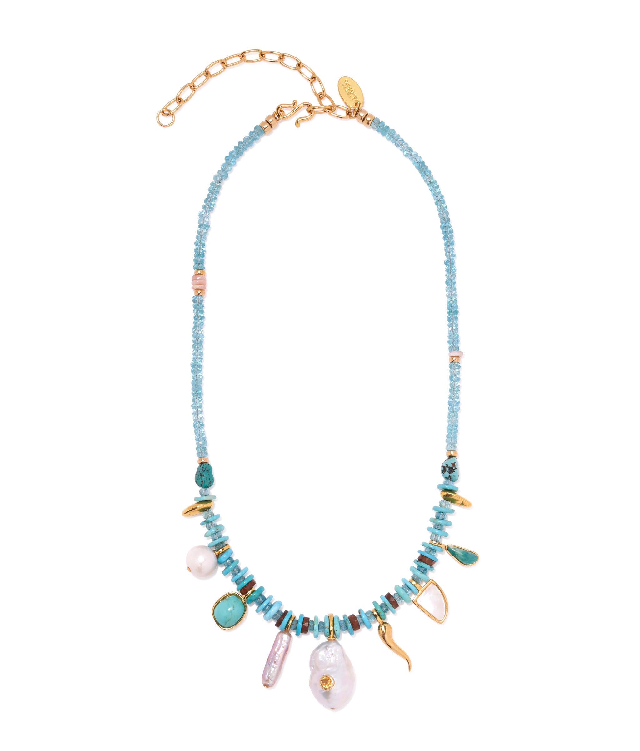Nazar Necklace. Apatite and turquoise beads, pink opal and hessonite garnet accents.