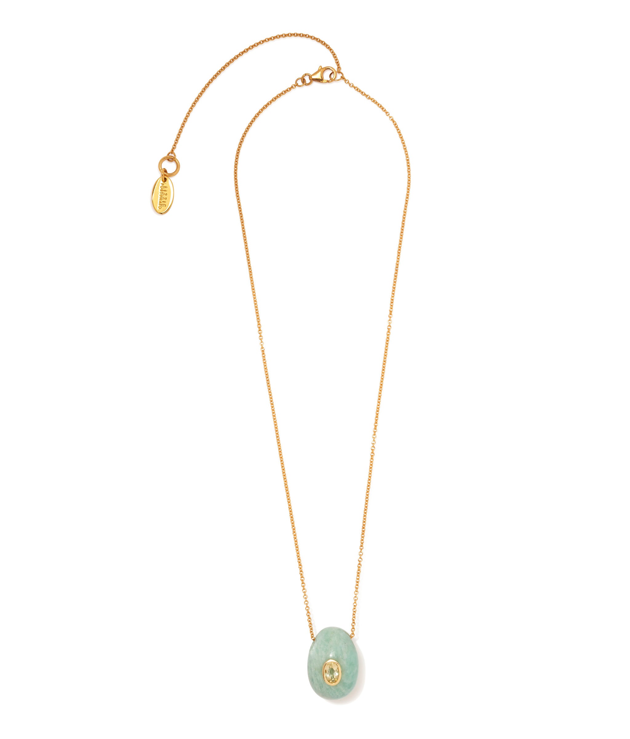 Constance Necklace in Amazonite. Gold-plated sterling silver chain necklace with amazonite egg pendant with lemon quartz