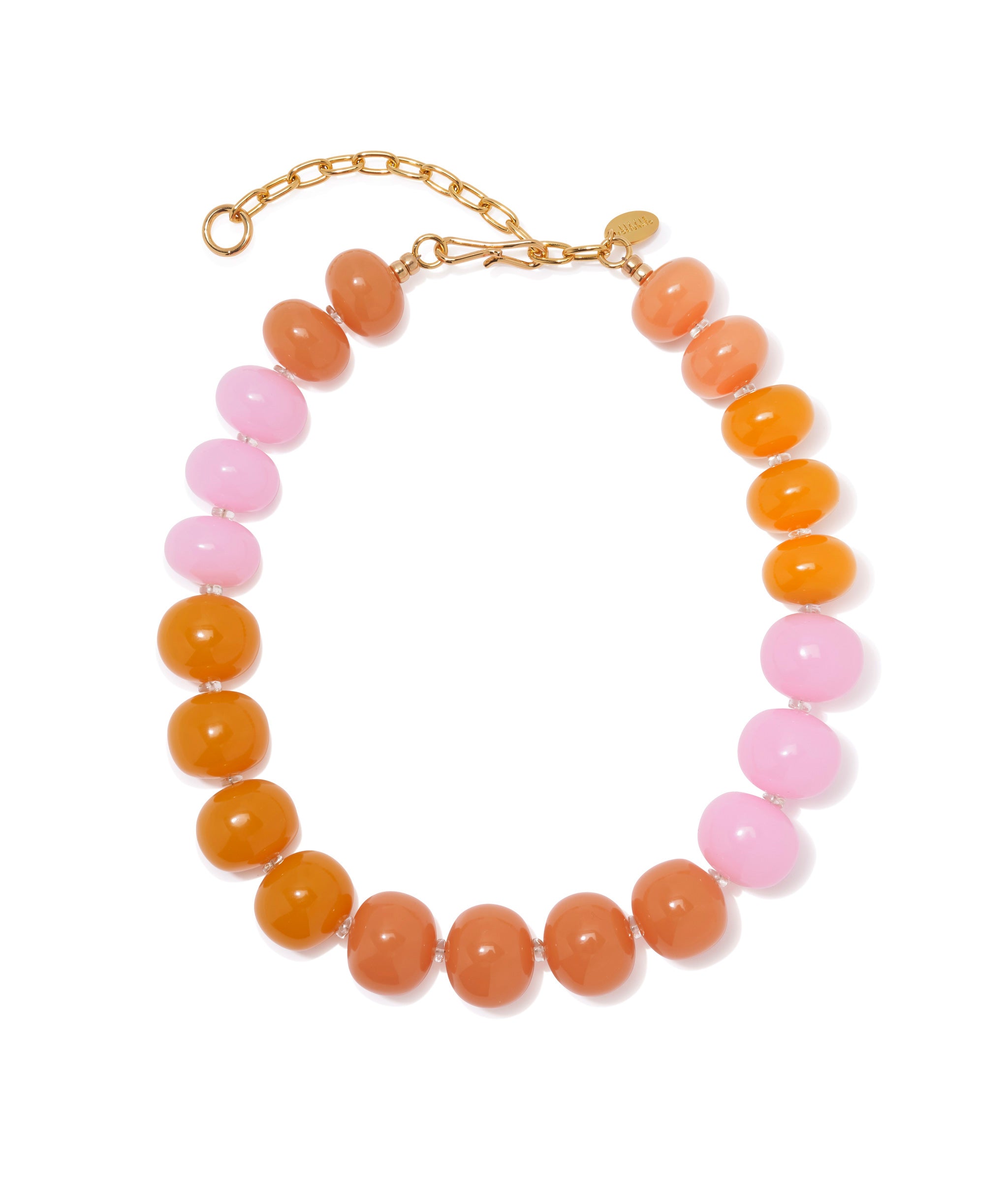 Olympia Collar. Necklace with orange-pink various resin beads with opal accent beads and gold-placed brass hook closure.