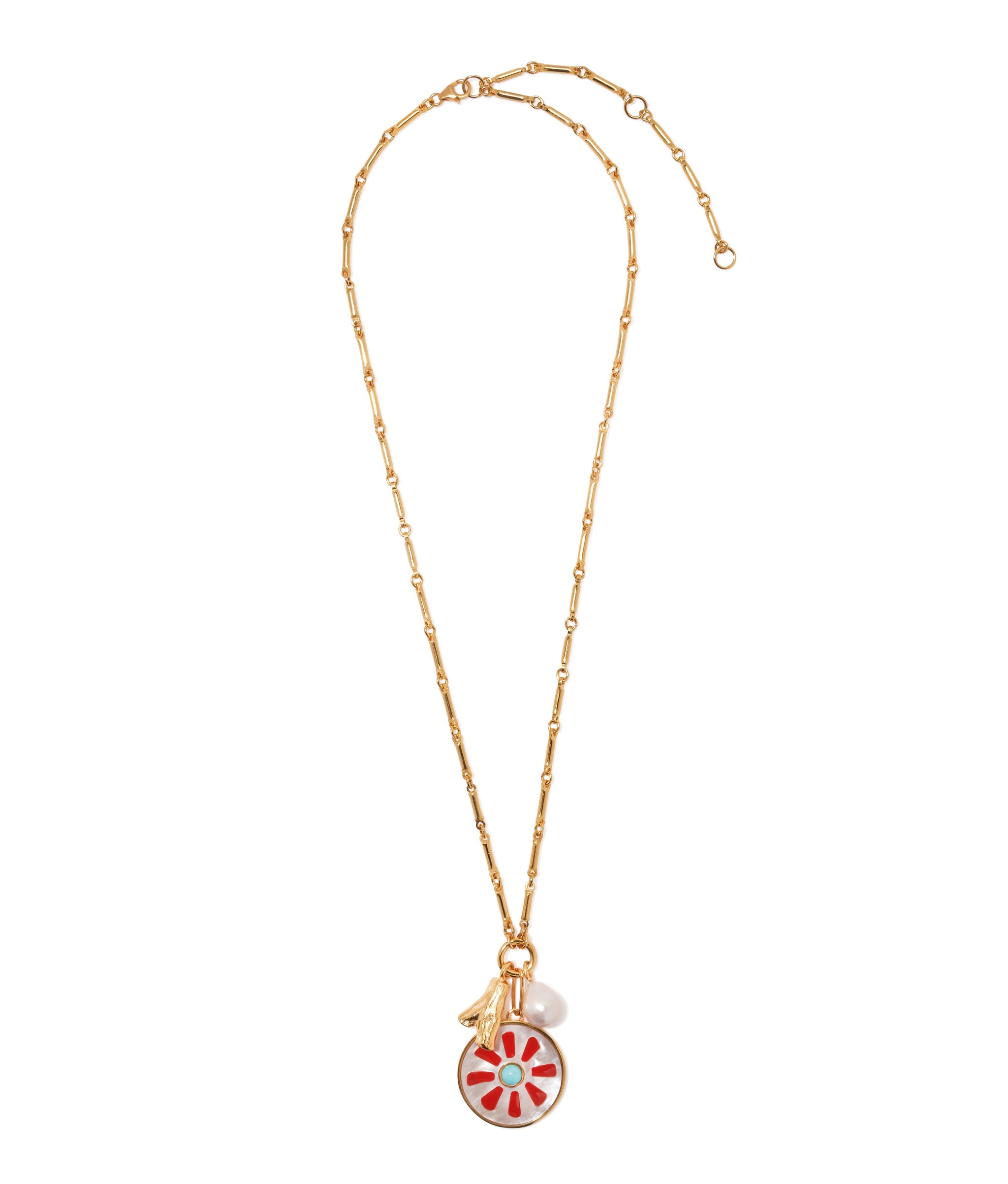 Equinox Charm Necklace. Gold-plated brass chain with engraved mother-of-pearl, red enamel, turquoise, and gold charms.