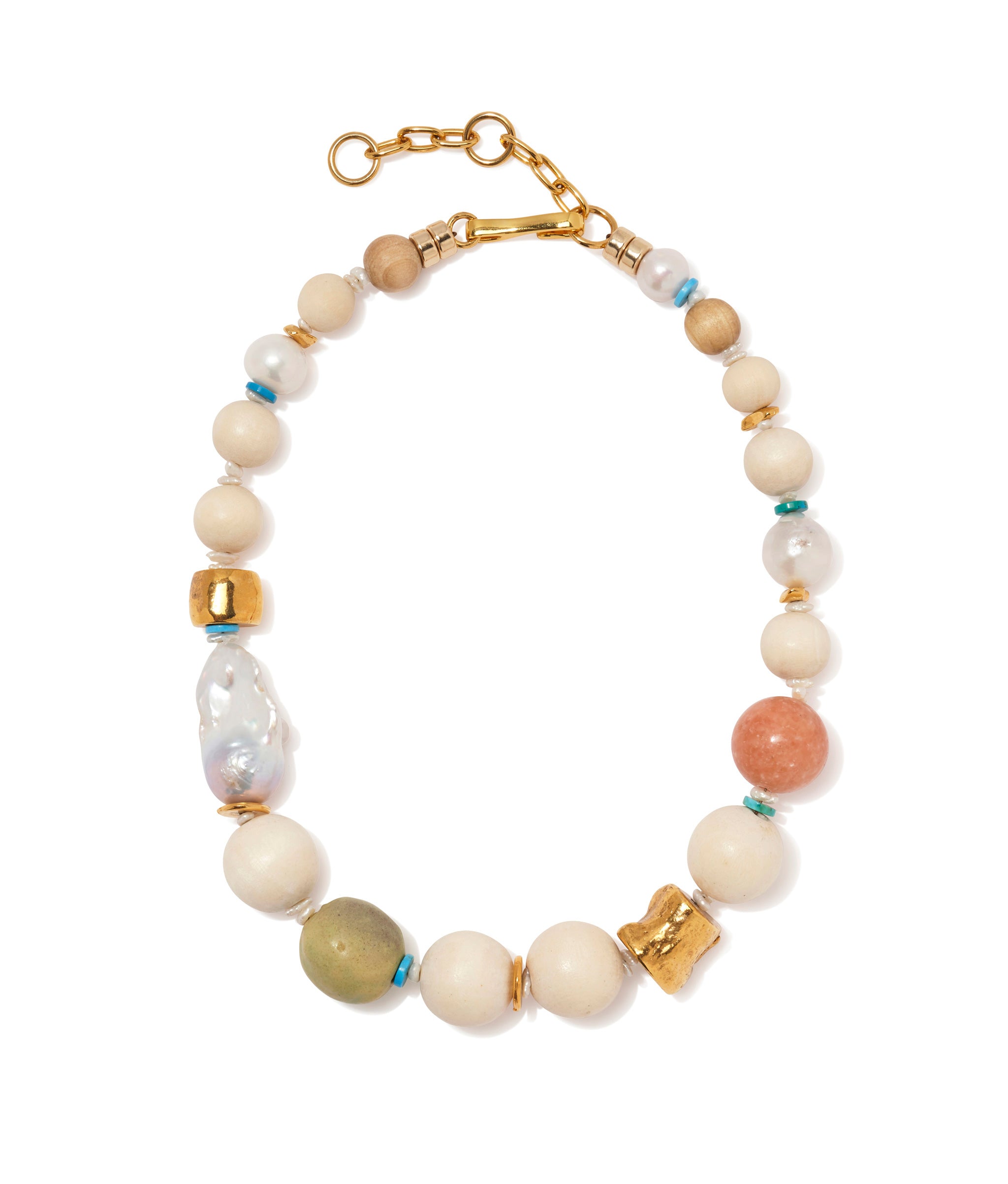 Andros Necklace. Gold-plated brass, wood, freshwater pearl, dyed howlite, ceramic, and peach calcite beads.