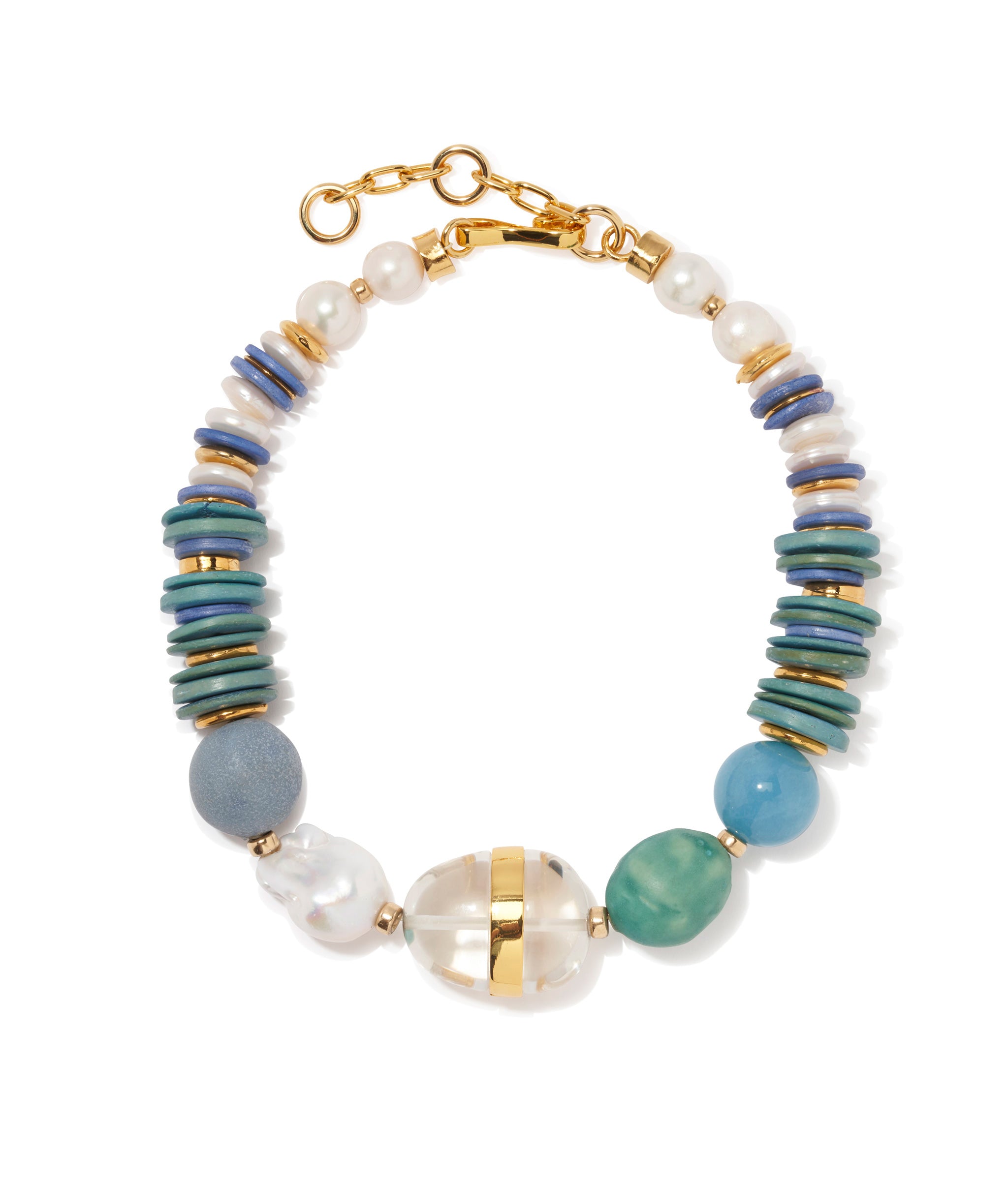 Neptune Collar. Blue bone beads, aqua-colored coconut shell, blue quartz, gold, pearls, clear resin and gold bead focal.