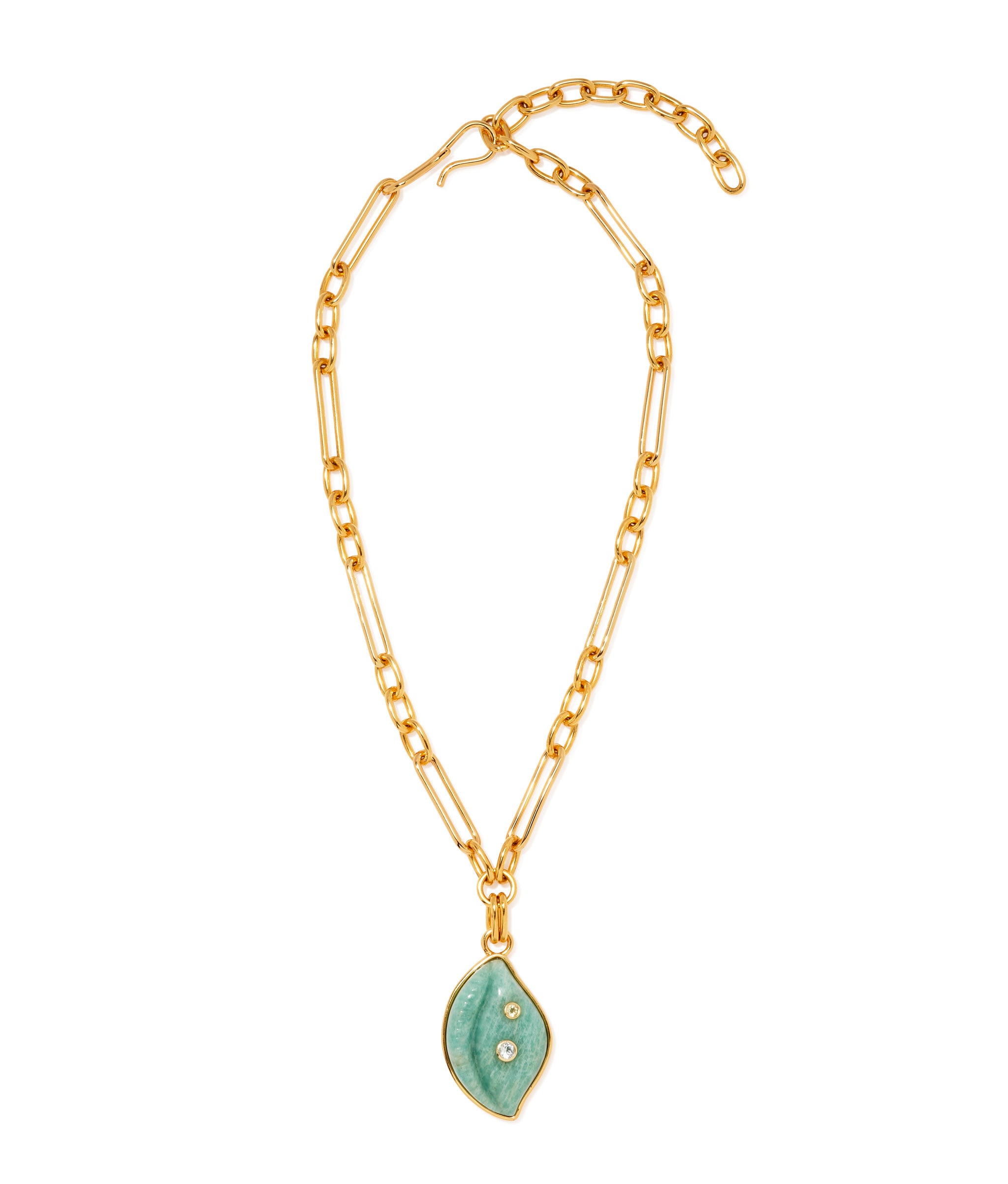 Cowrie Shell Necklace in Amazonite. Gold-plated brass chain, amazonite shell pendant with lemon quartz and blue topaz.