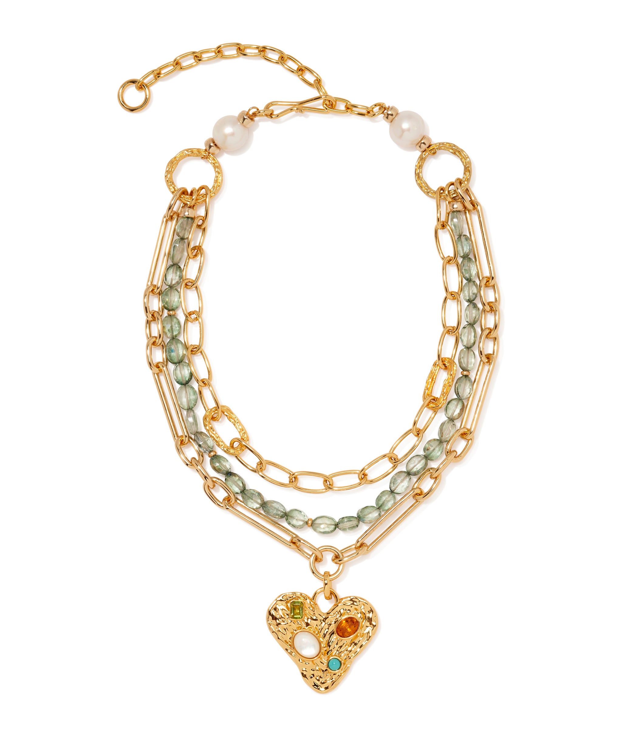 Treasure Trove Necklace. Gold chain, green crystal quartz beads, gold heart pendant inlaid with colorful stones.