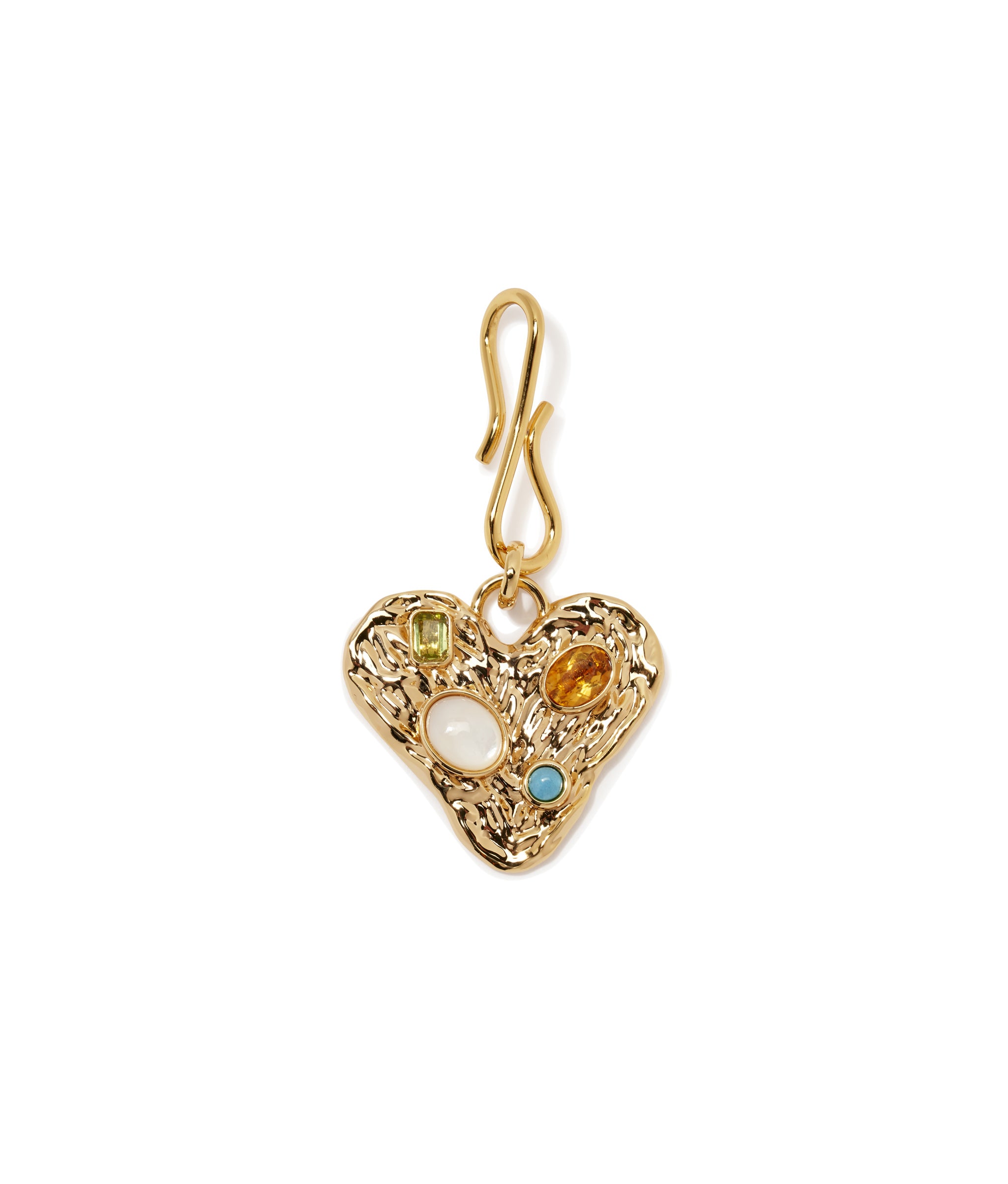 Treasure Trove Pendant. Textured gold-plated heart inset with peridot, citrine, turquoise, and mother-of-pearl stones.