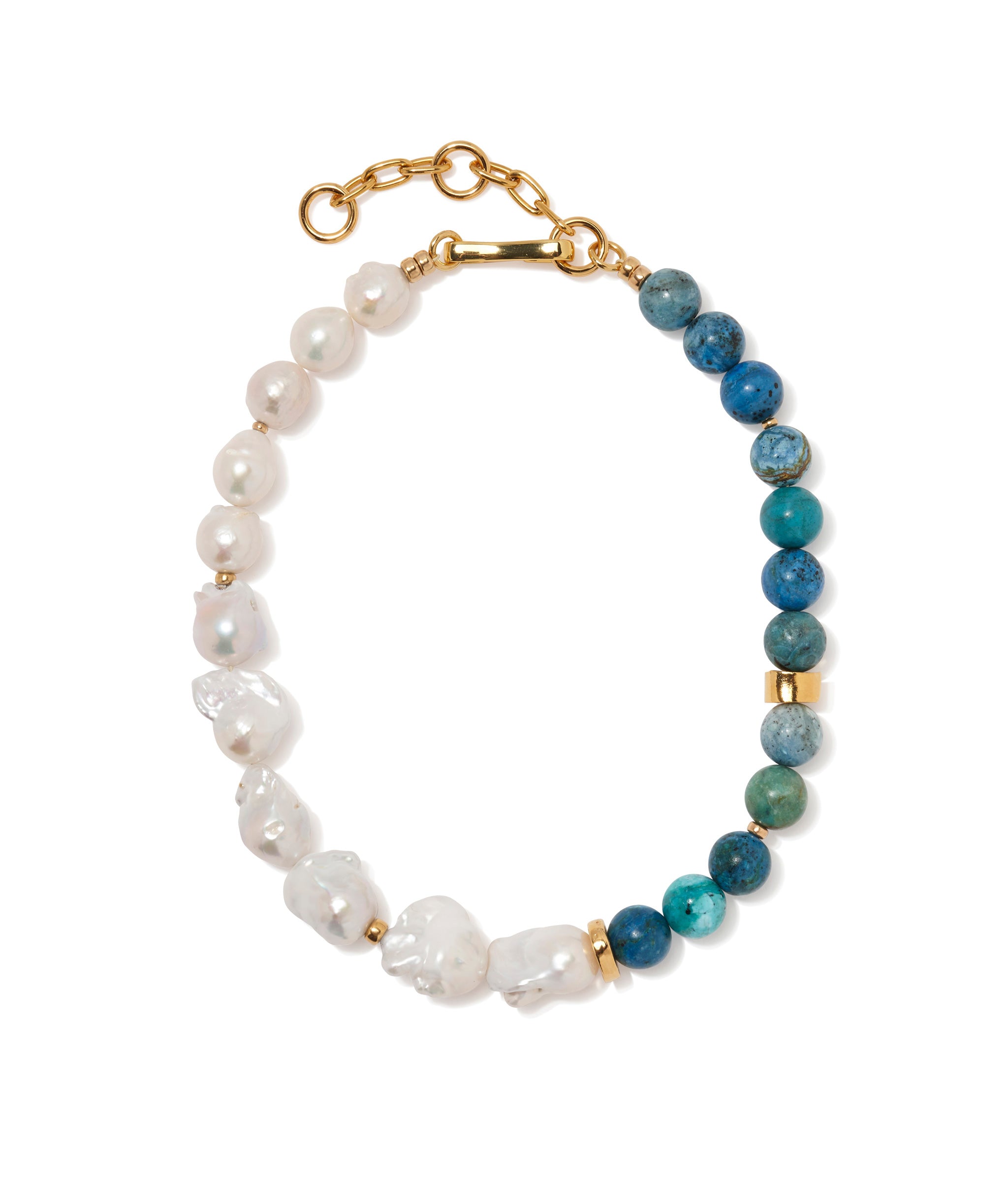 Formentera Necklace. Chrysocolla and freshwater pearl beads with gold-plated brass details and closure.