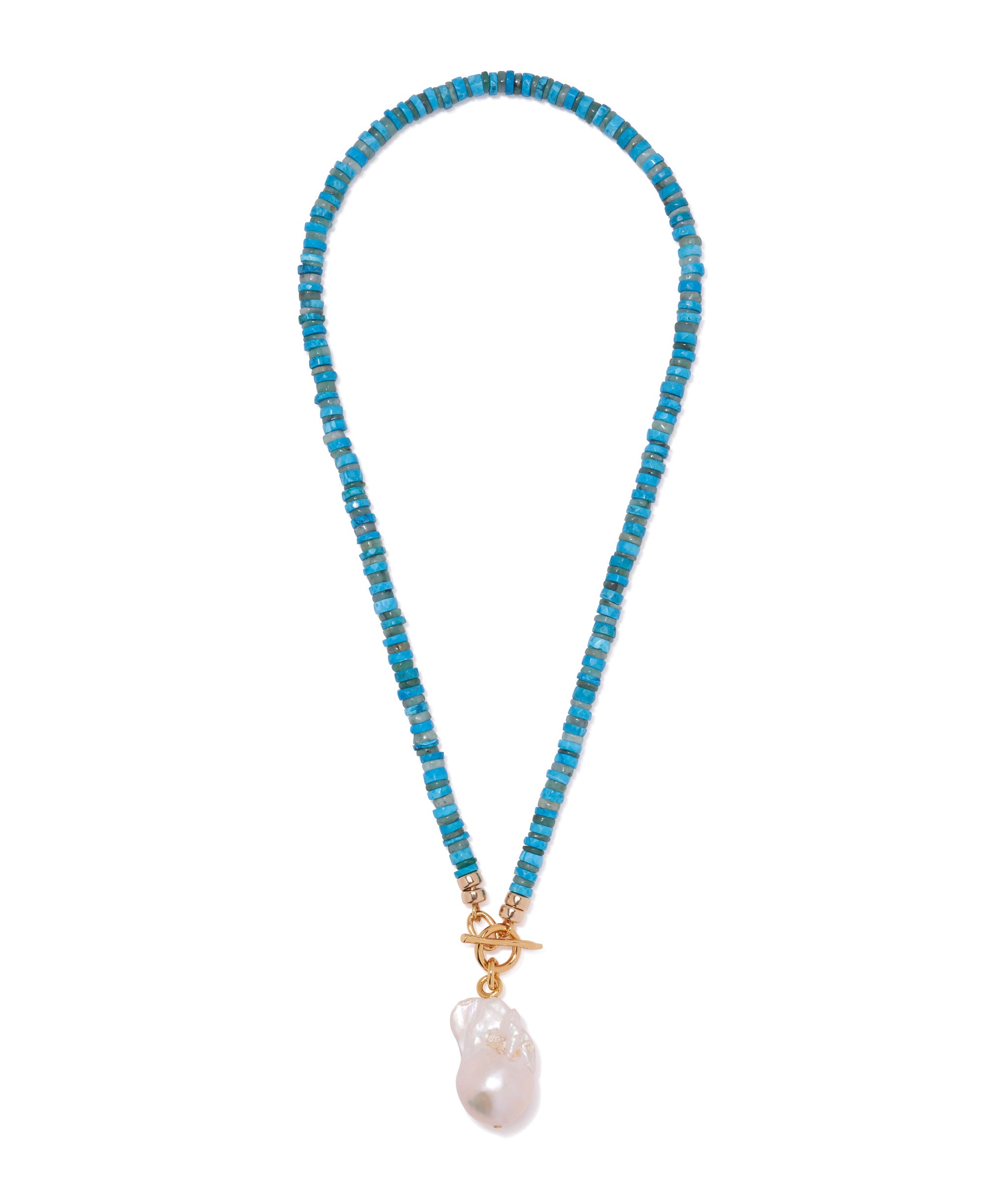 Pearl Isle Necklace. Necklace with howlite and amazonite beads, large baroque freshwater pearl and gold front closure.