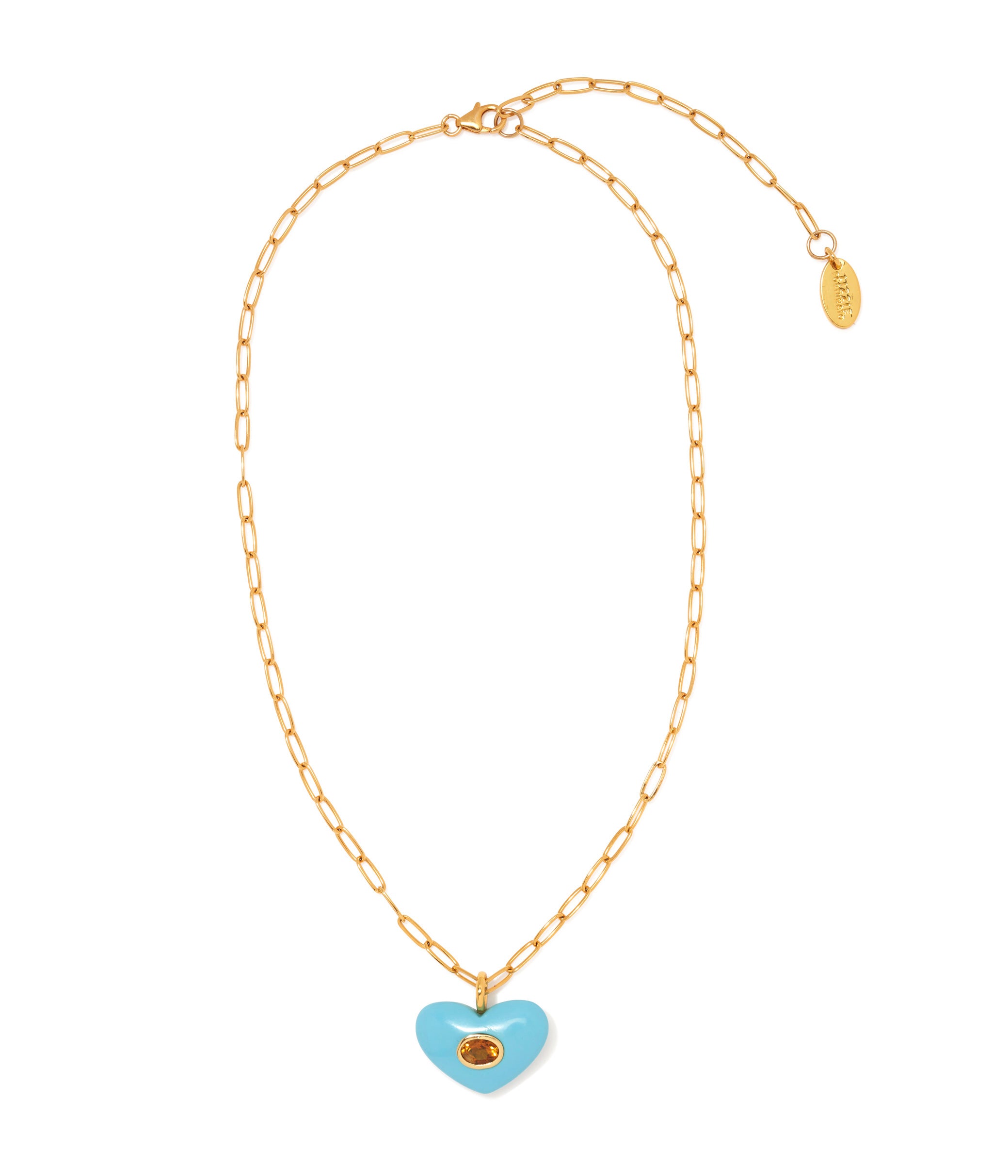 Martina Heart Necklace in Turquoise. Gold-plated sterling silver, turquoise-colored heart charm with faceted citrine.