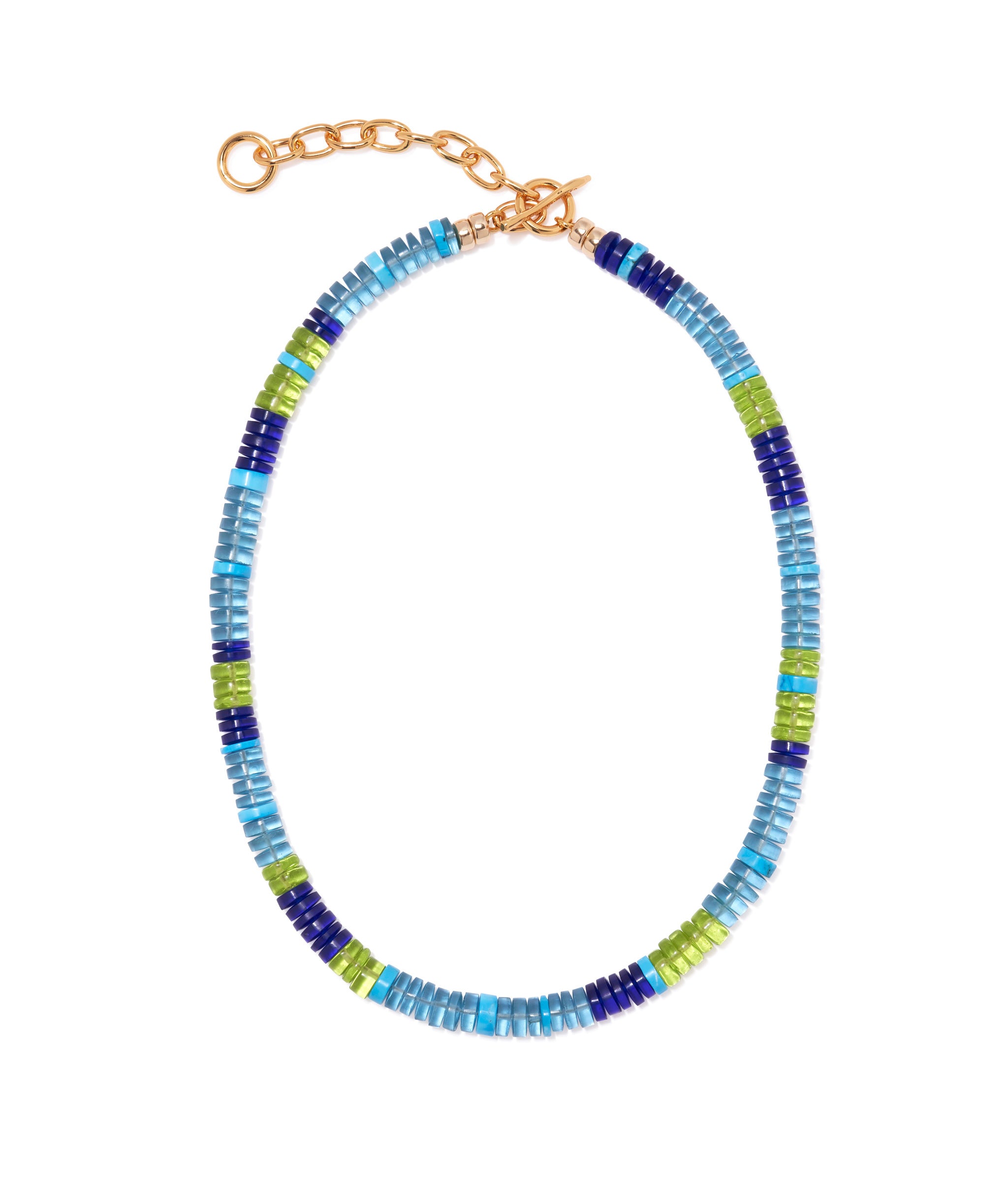Agosto Necklace in High Tide. Striped blue-green glass and howlite beads with a gold-plated brass toggle closure.