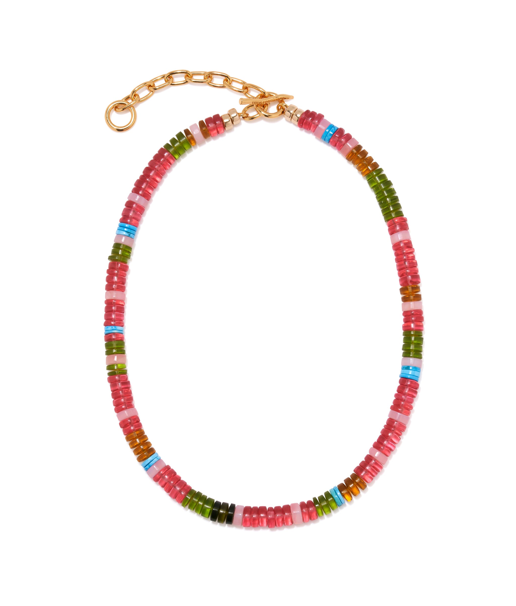 Agosto Necklace in Watermelon. Striped pink glass, citrine, pink opal, howlite beads. Gold-plated brass toggle closure.