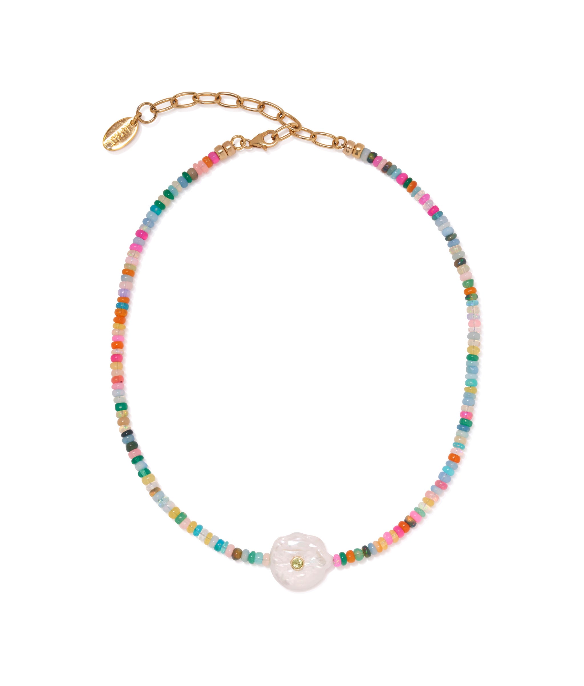 Destination Necklace in Rainbow Opal. Features gold-plated brass, Ethiopian opals, freshwater pearl and peridot.