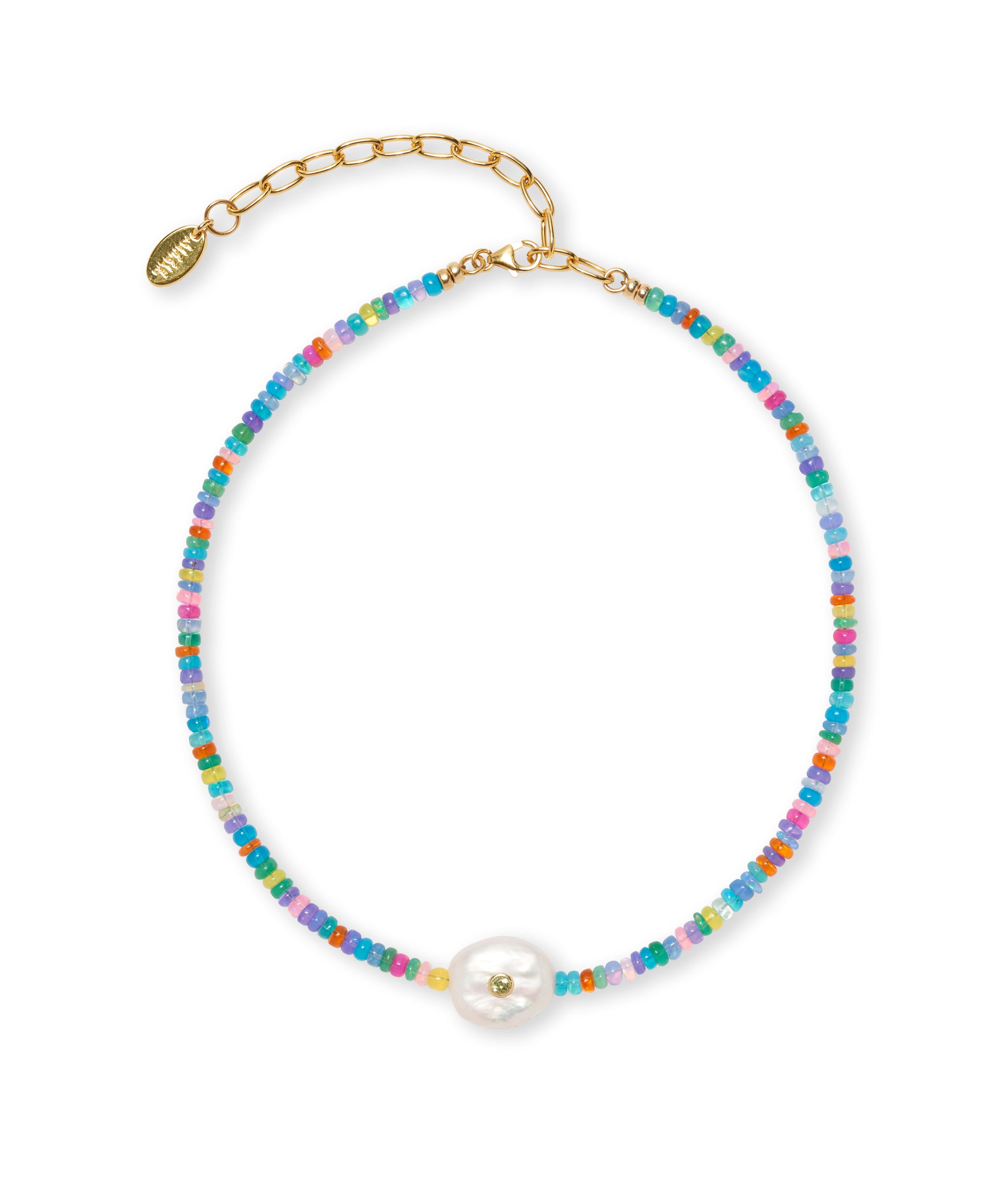 Destination Necklace in Rainbow Opal. Features gold-plated brass, Ethiopian opals, freshwater pearl and peridot.