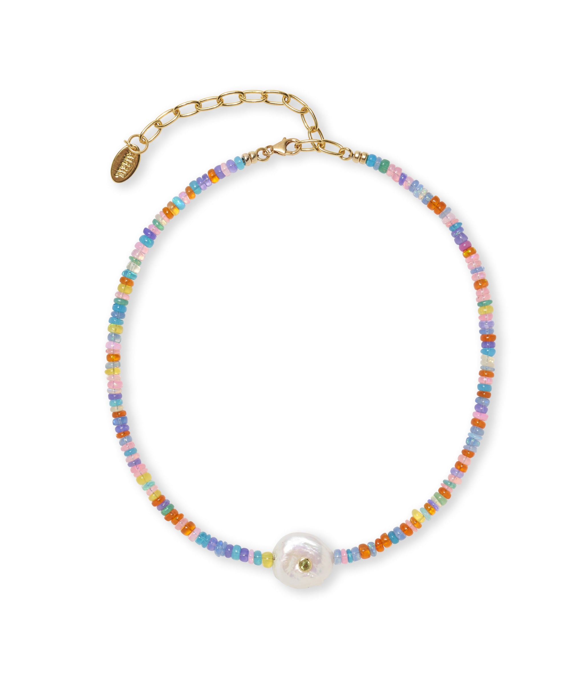 Destination Necklace in Rainbow Opal. Features gold-plated brass, Ethiopian opals, freshwater pearl and peridot.