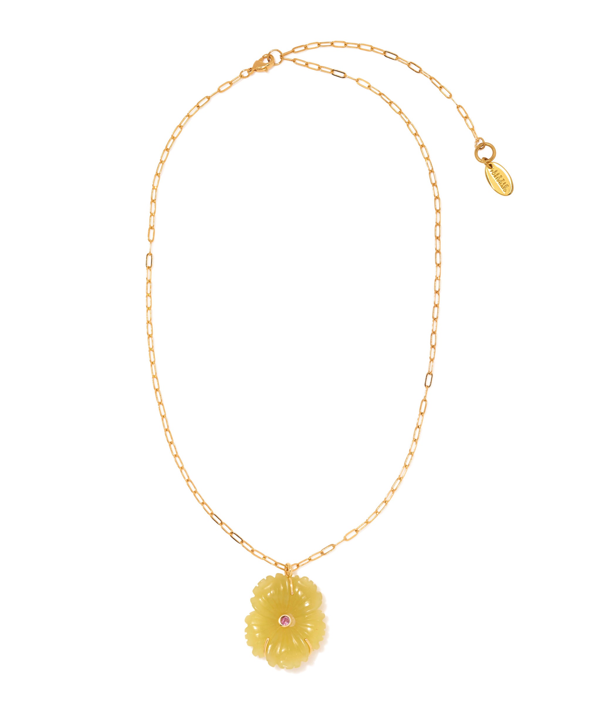 New Bloom Necklace in Canary. Gold-plated brass papaerclip chain necklace with carved jade flower pendant with rhodolite