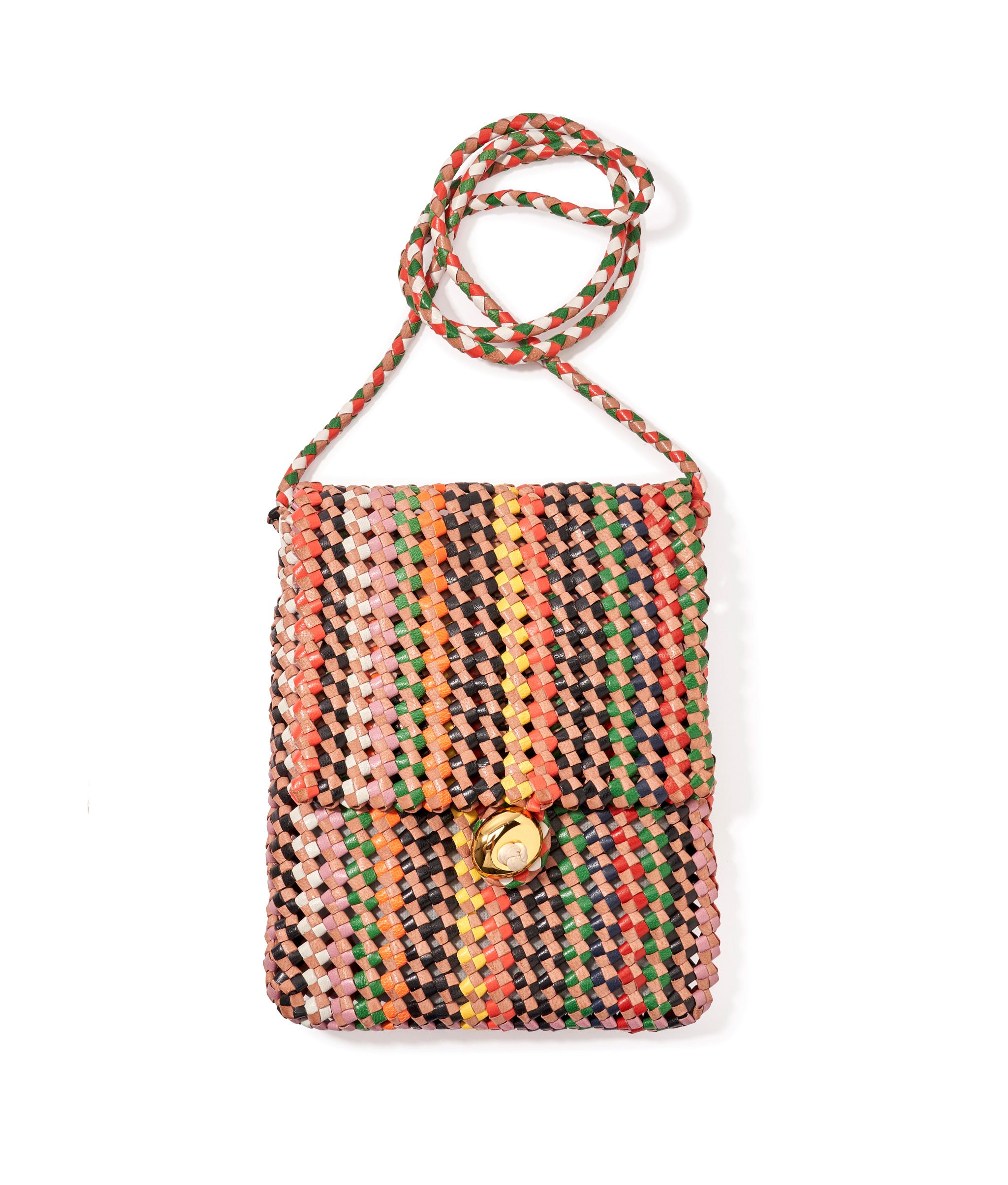 Goa Crossbody in Primary Multi. Woven leather crossbody bag, tan and primary stripes, oversized gold bead closure.