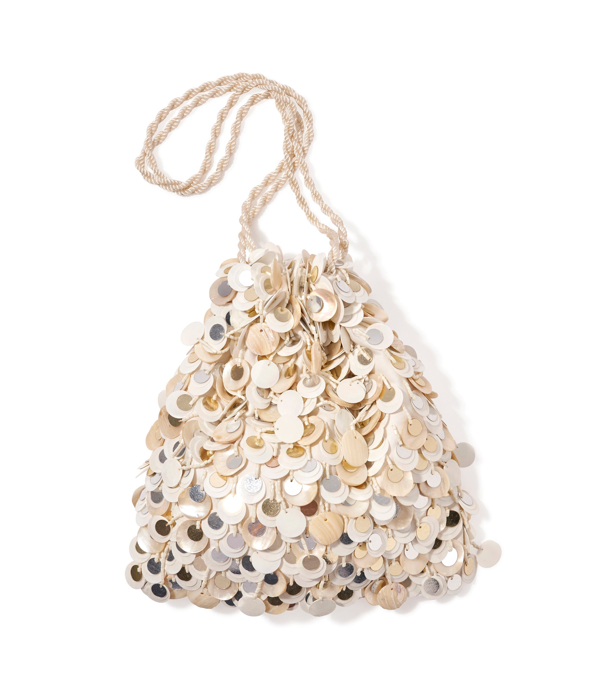 Gala Bag in Pearl Oyster. Hand-embellished evening bag with mother-of-pearl disks, silver sequins, silk cord wristlet.