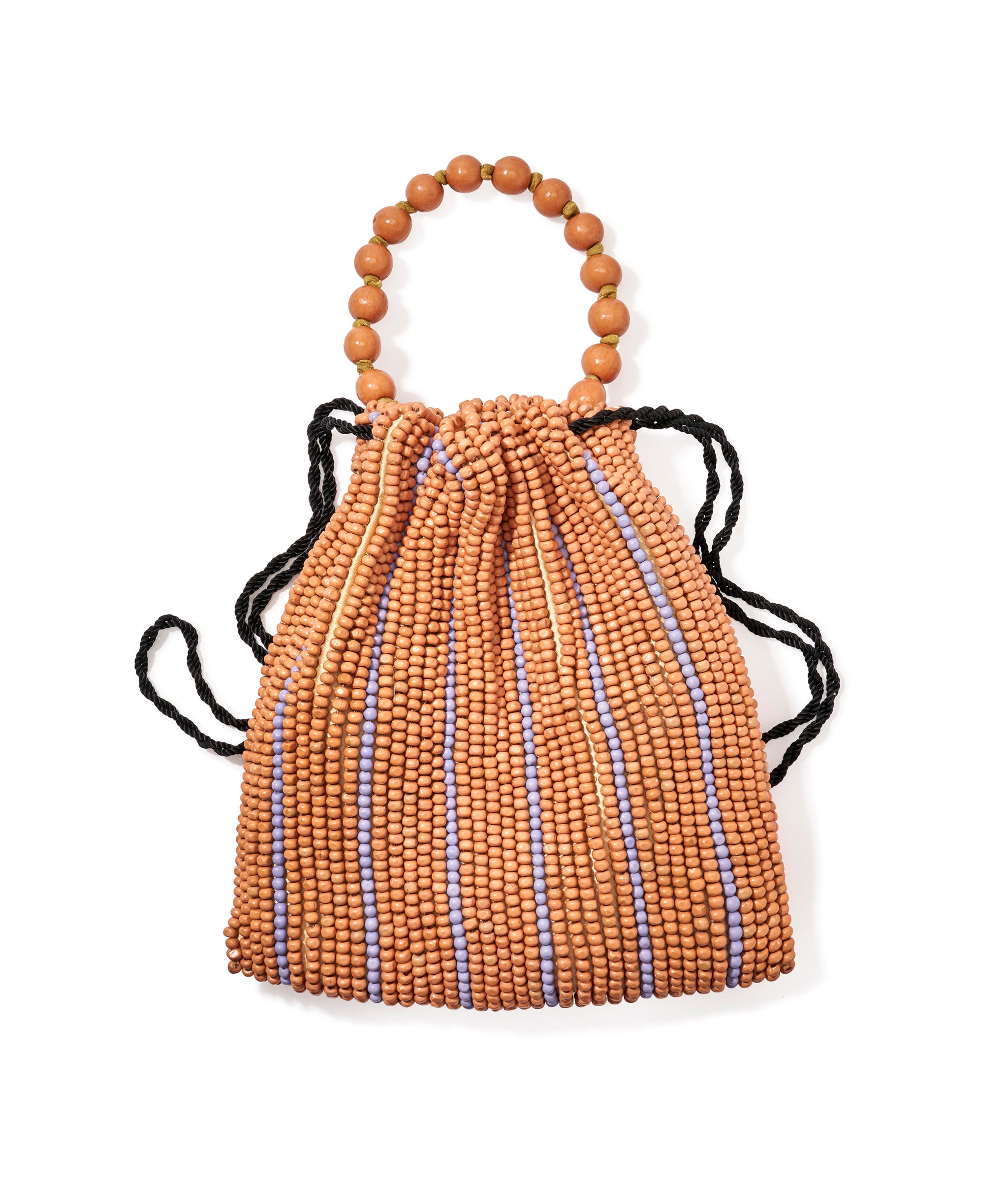 Getaway Bag in Desert Tan. Tan and lilac beaded stripes, wooden bead top handle, black twist cord drawstring.