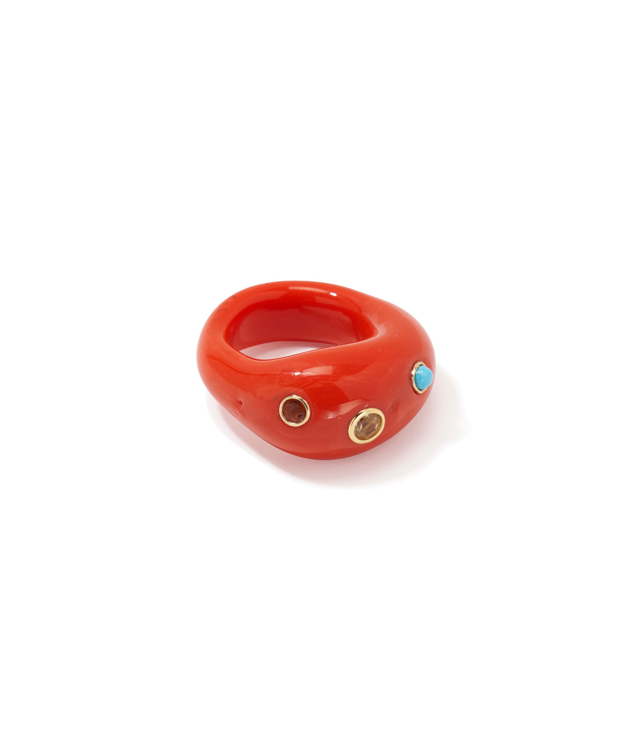 Monument Ring in Red Hot. Red domed glass set with faceted citrine, lemon quartz, and turquoise cabochons.