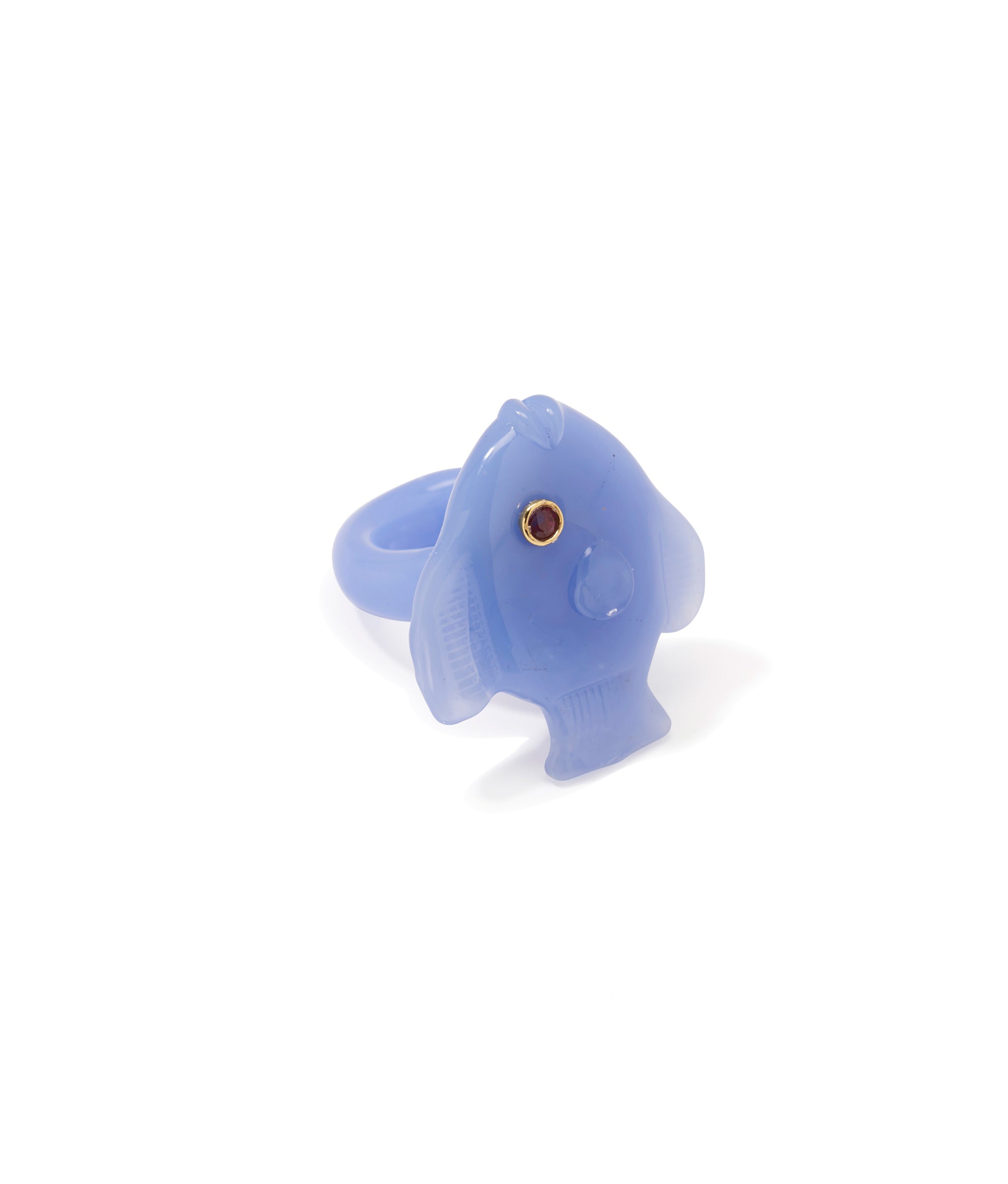 Pescado Ring. Periwinkle blue hand-blown glass fish ring, set with faceted rhodolite stone.