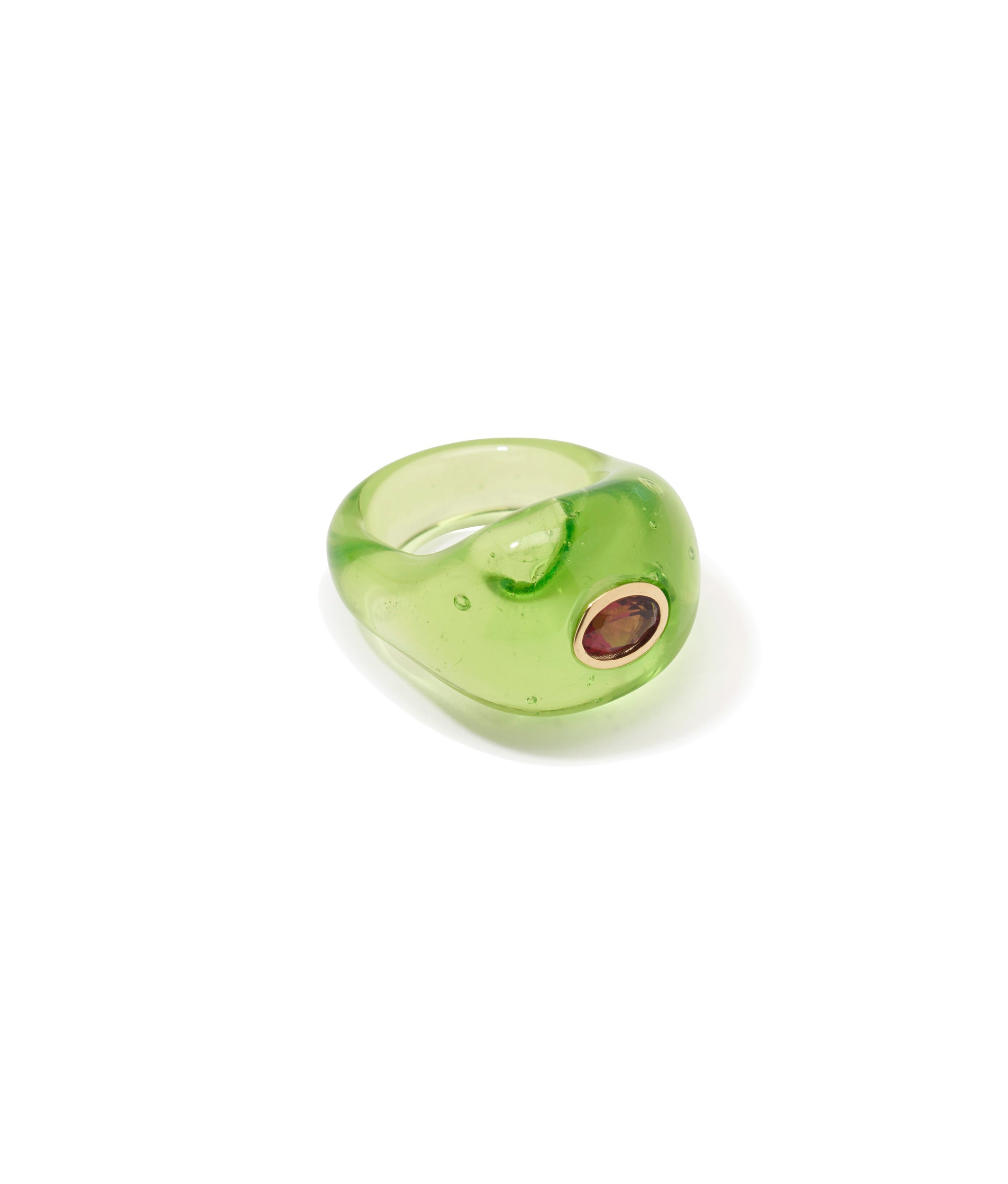 Monument Ring in Lime. Flameworked green glass set with a rhodolite cabochon.