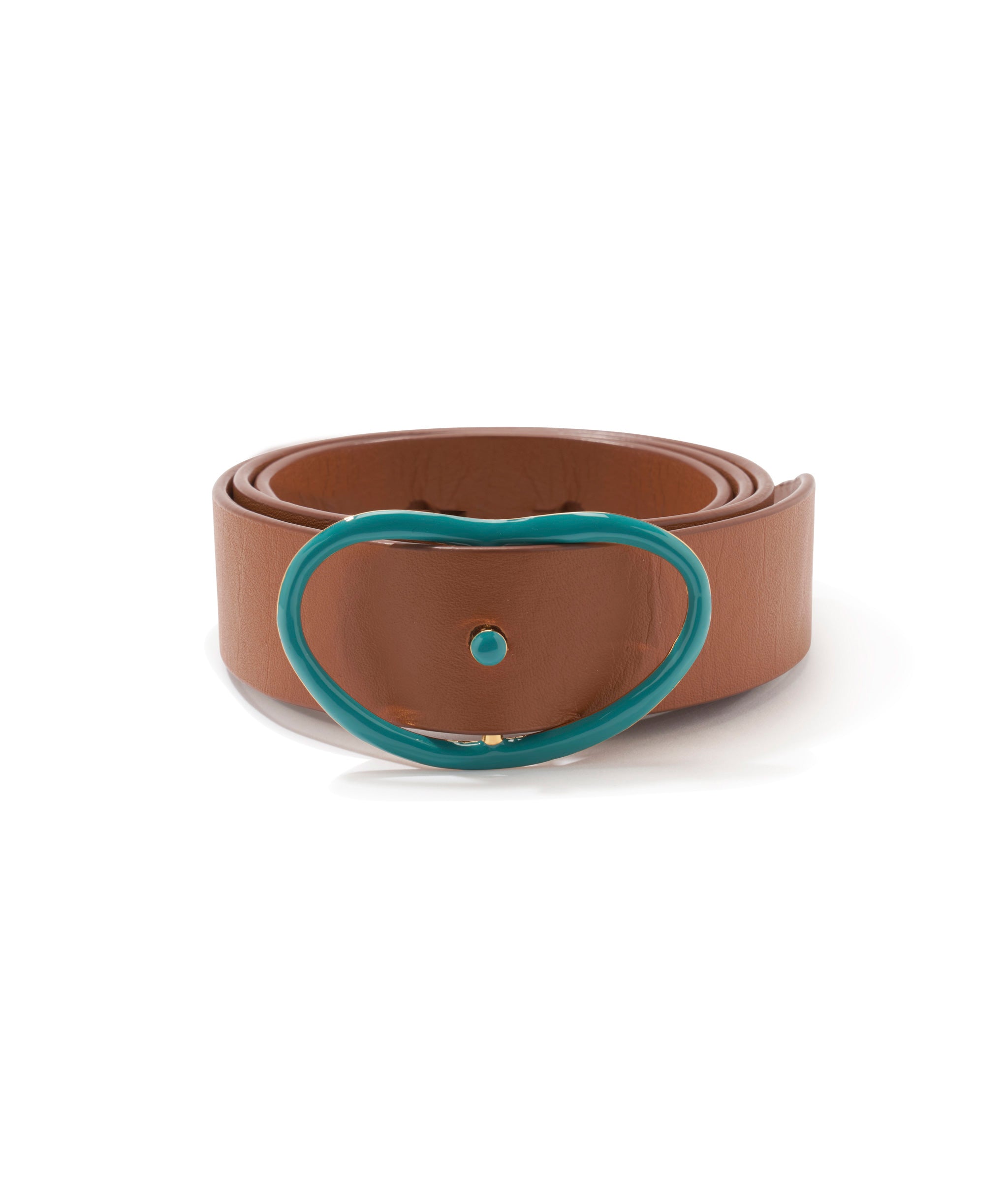 Wide Georgia Belt in Tan and Enameled Teal. Classic tan leather wide belt with teal-colored enamel buckle.