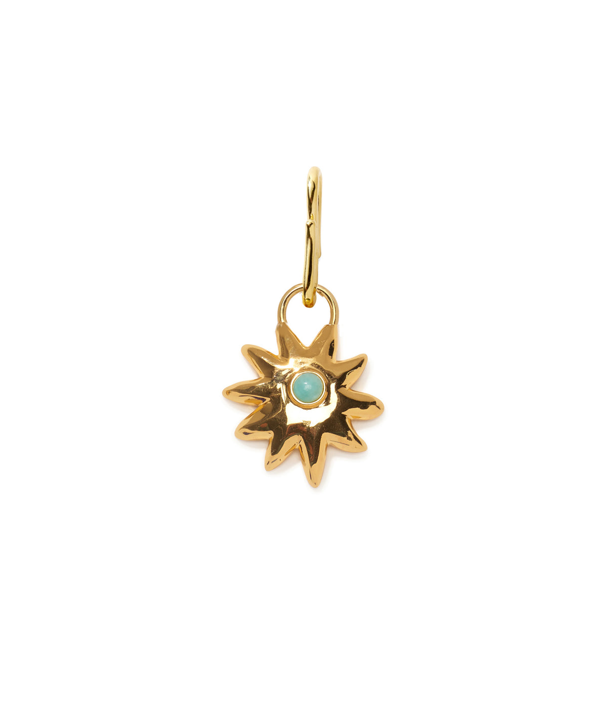 Helios Charm. Gold-plated brass starburst charm with inlaid turquoise stone and gold s-hook.
