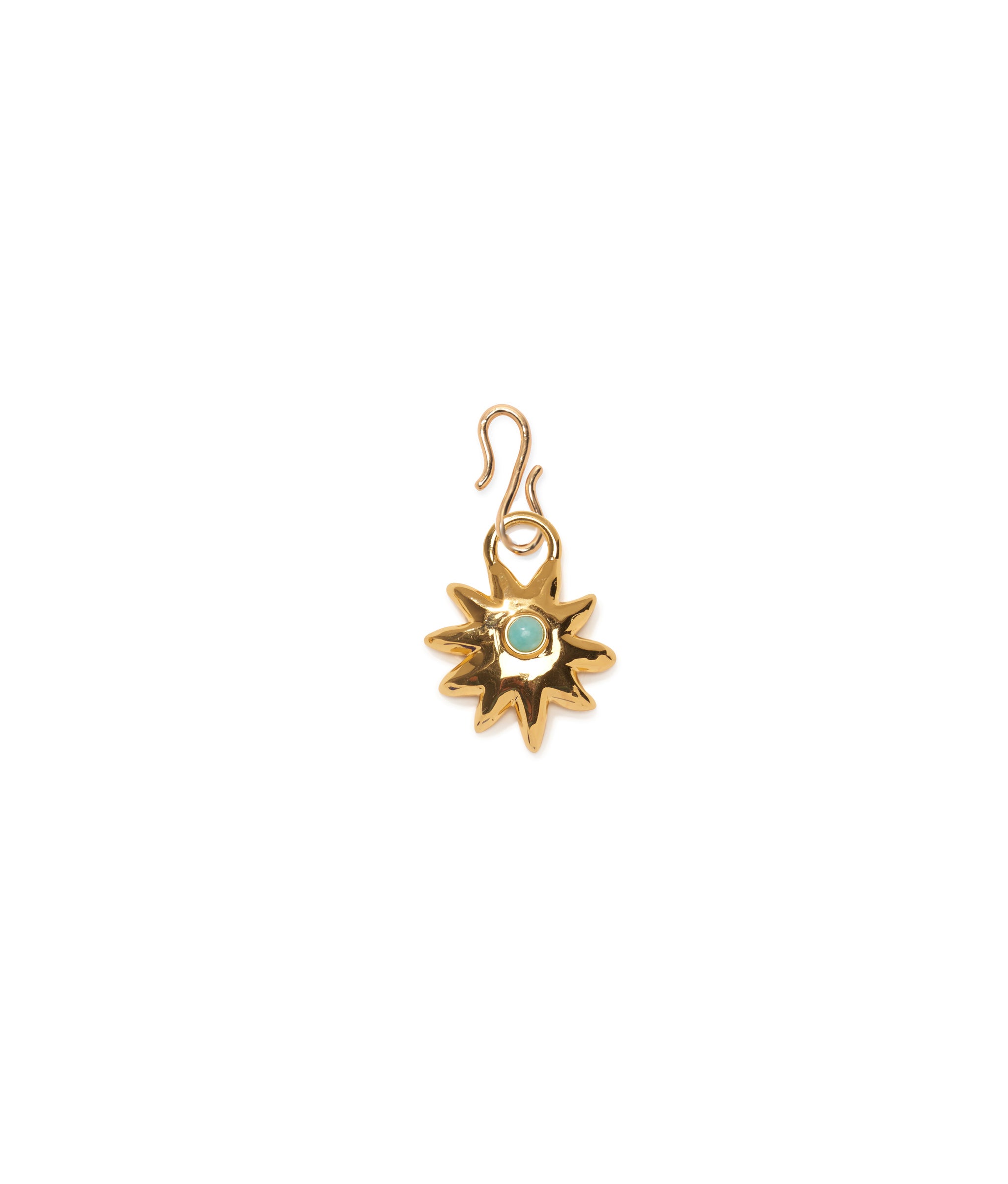 Helios Charm. Gold-plated brass starburst charm with inlaid turquoise stone and gold s-hook.
