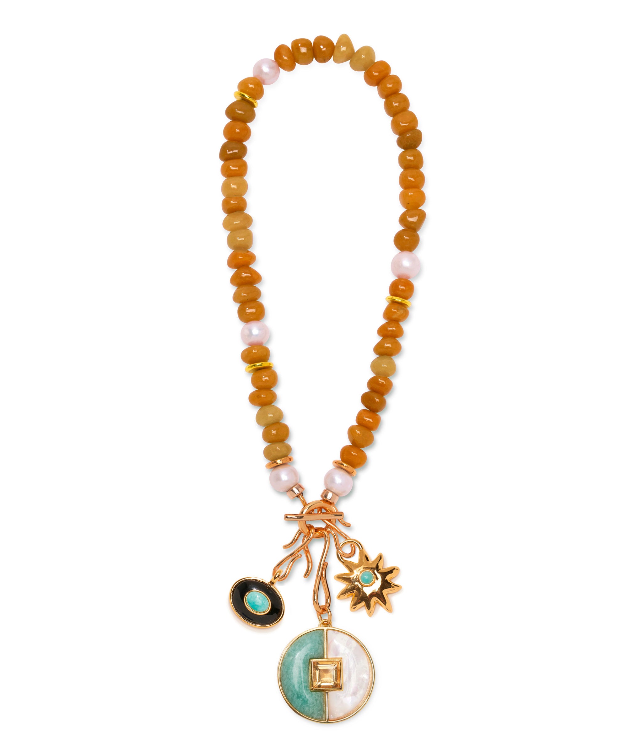 Mood Necklace in Red Aventurine with Helios and Hope charms and Porto Pendant in New Wave.