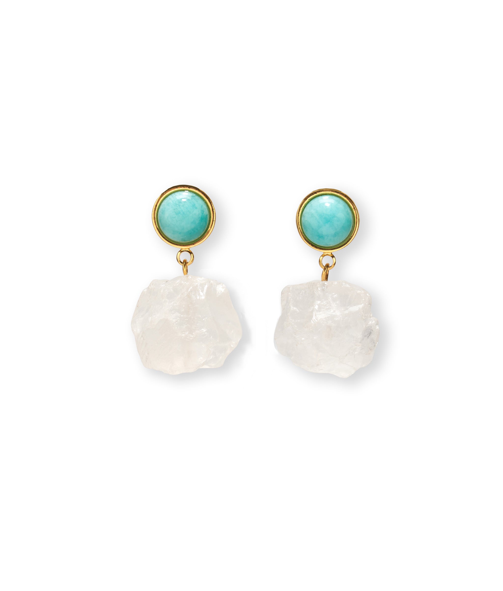 Glacier Bay Earrings in Rock Crystal. Gold-plated brass with amazonite stone tops and crystal quartz nugget drops.