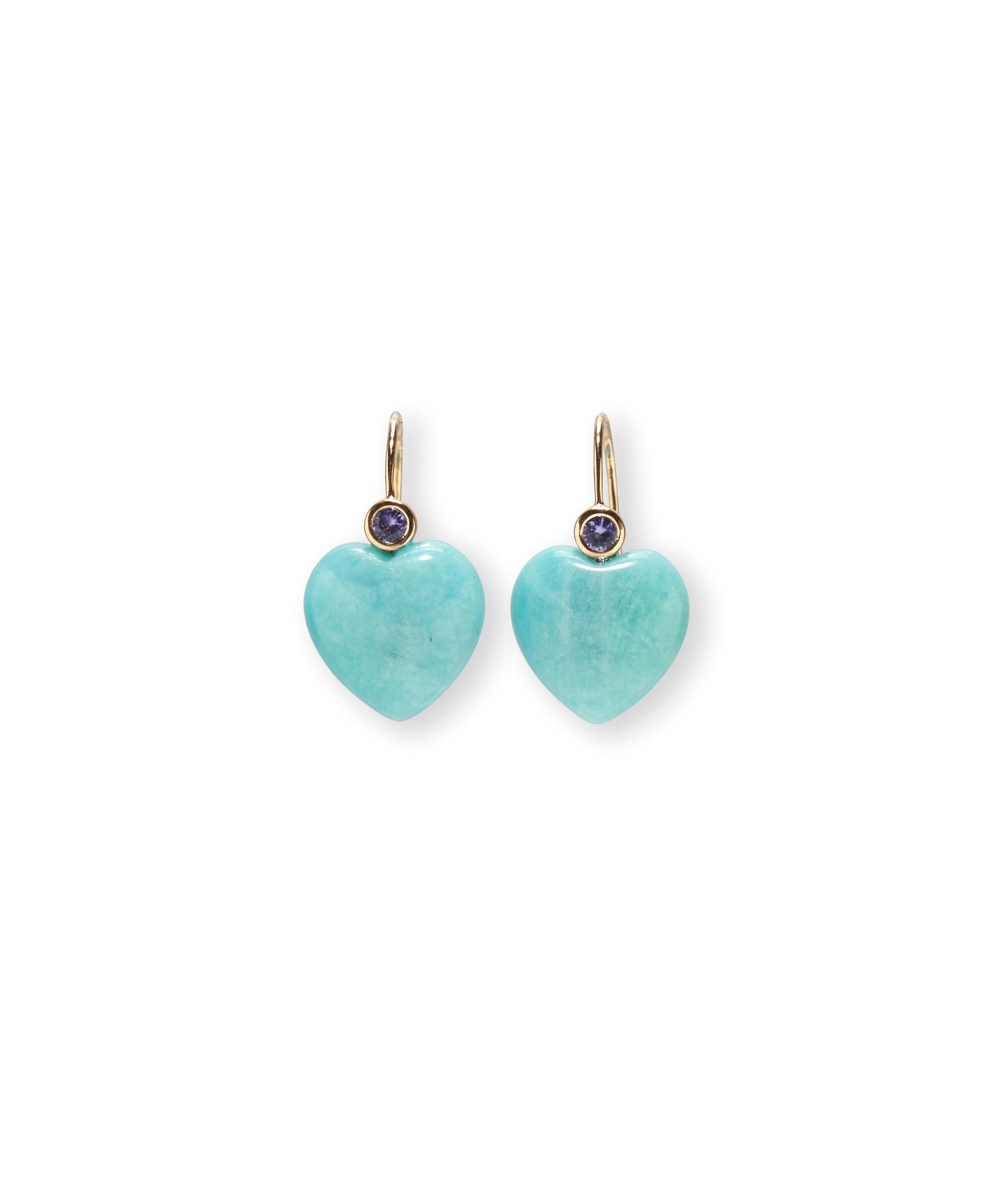 14k Gold Amor Earrings in Tanzanite & Amazonite. Carved amazonite hearts and tanzanite stone details.