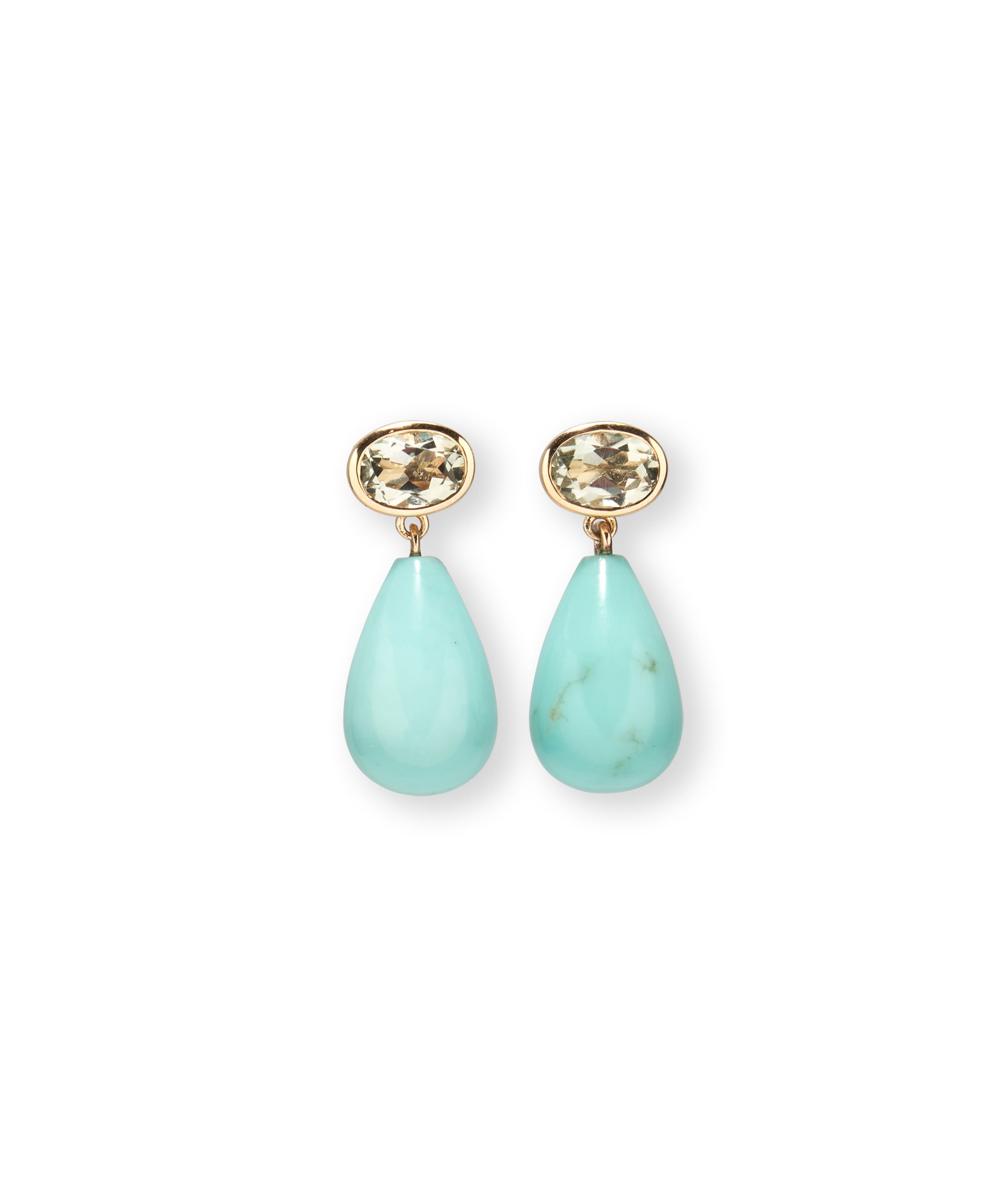 14k Gold Drop Earrings in Green Amethyst & Amazonite. Faceted green amethyst tops and hanging amazonite stone drops.
