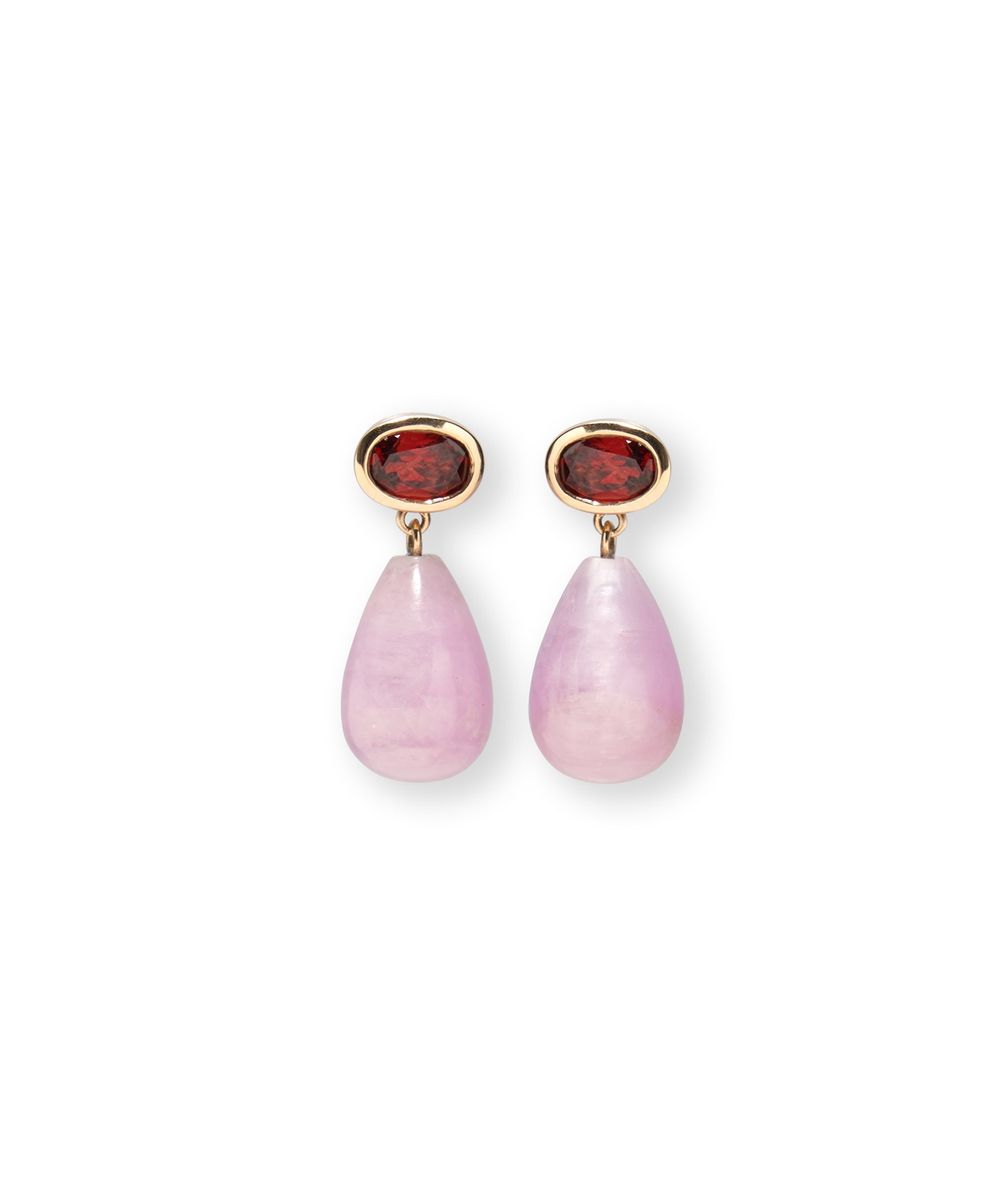 14k Gold Drop Earrings in Garnet & Kunzite. Faceted garnet tops and hanging purple-pink kunzite drops.