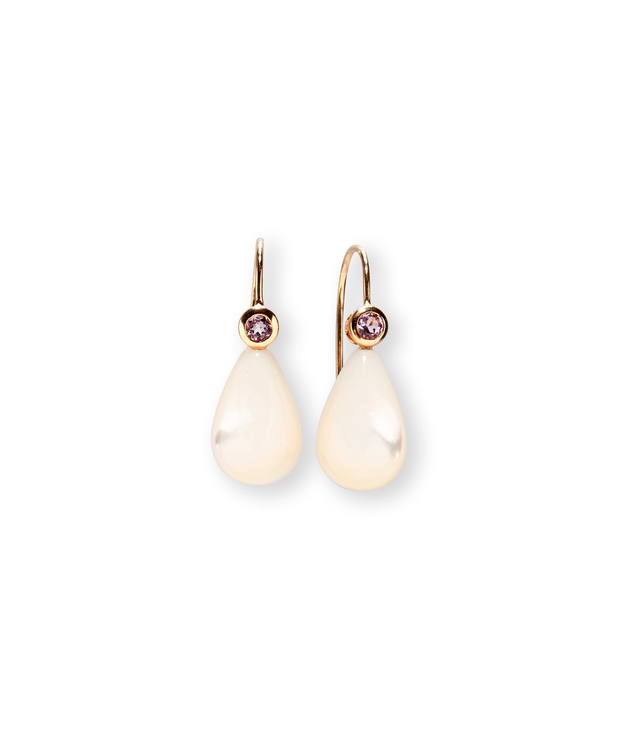 14k Gold Drop Earrings in Pink Amethyst & Pearl. Pink amethyst stone details and mother-of-pearl drops.