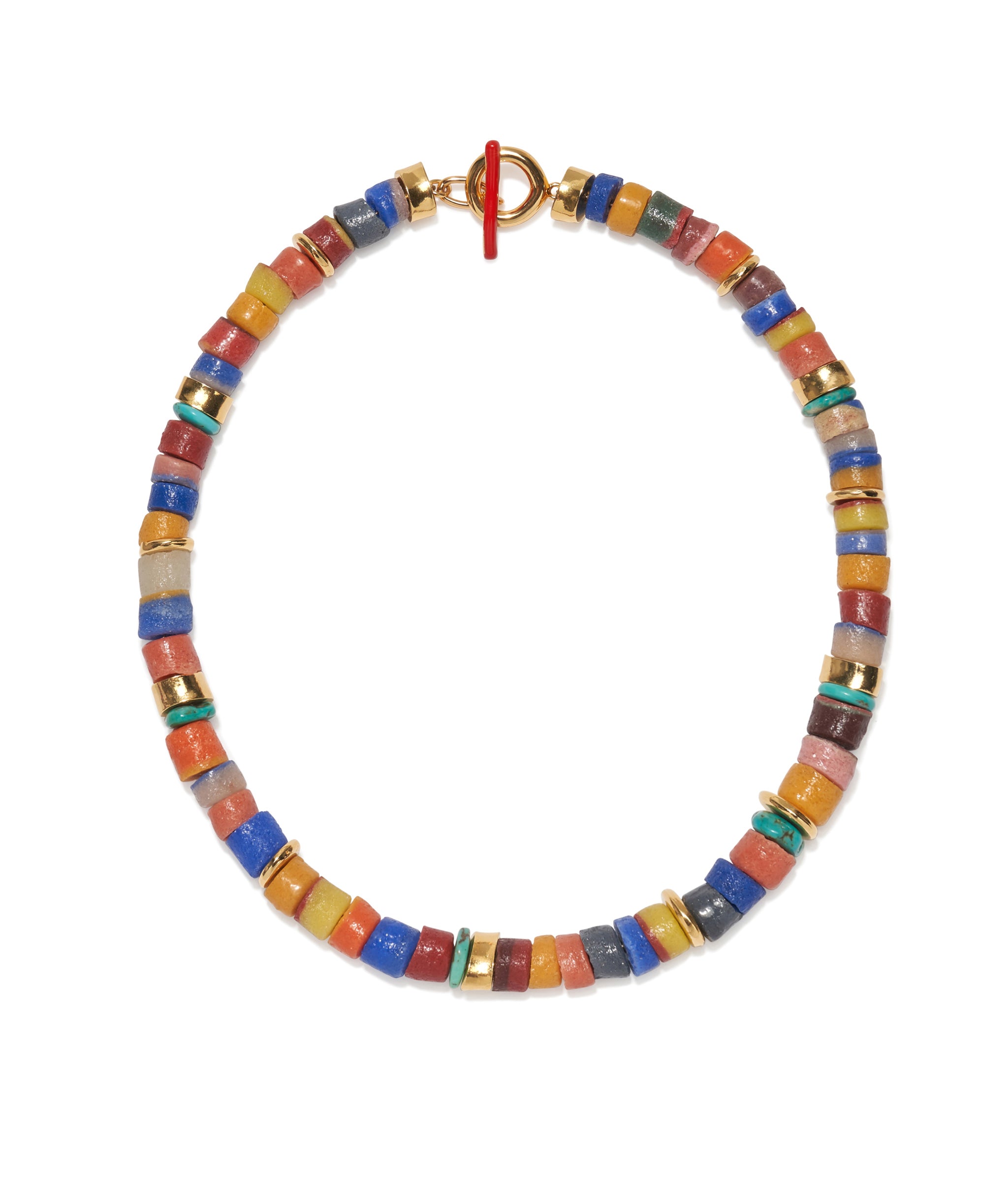 Lido Necklace in Primary. Multicolour African sandcast glass beads with red enamel toggle closure.