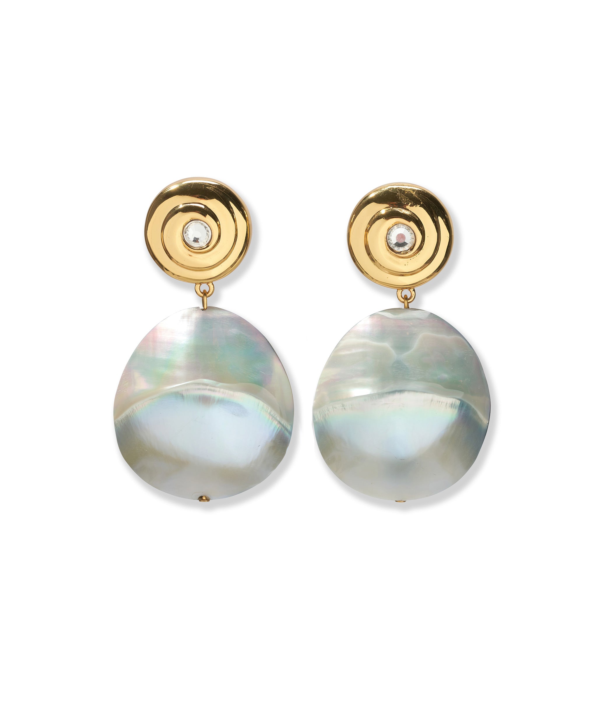 Rodan Pearl Earrings in Nautilus. Gold swirl tops inlaid with glass and large iridescent shell drops.
