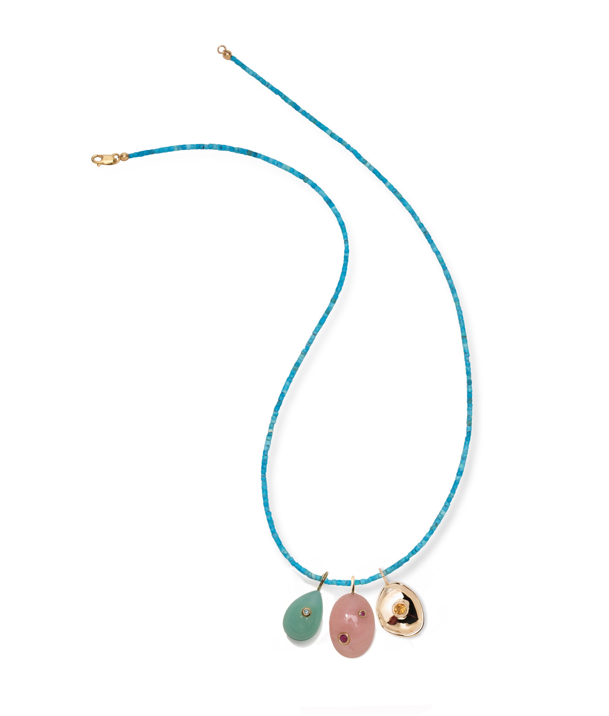 Tiny turquoise bead necklace with two semiprecious and one gold birthstone charm.