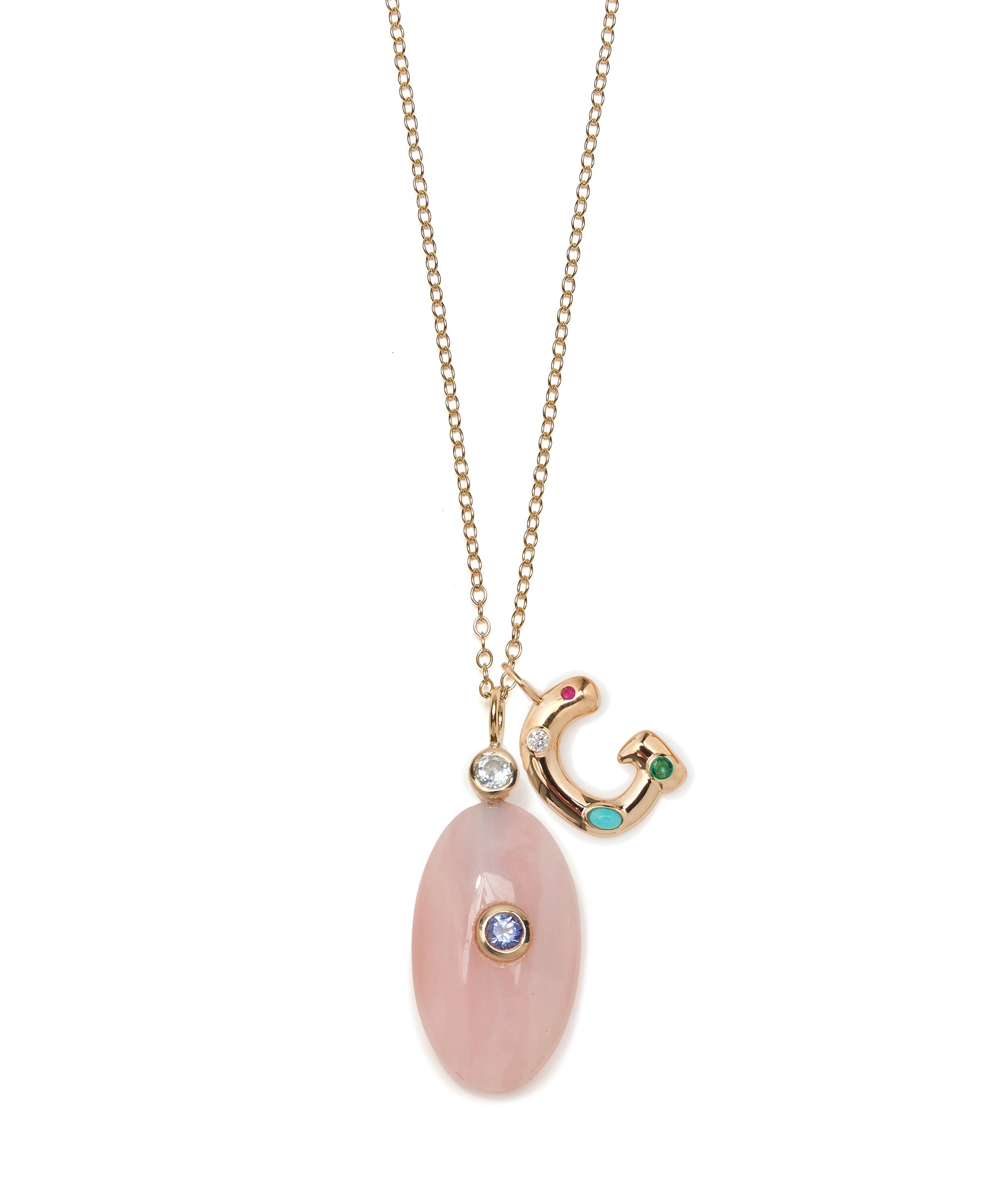 Pink Opal Charm on gold chain with 14k Confetti Letter G charm