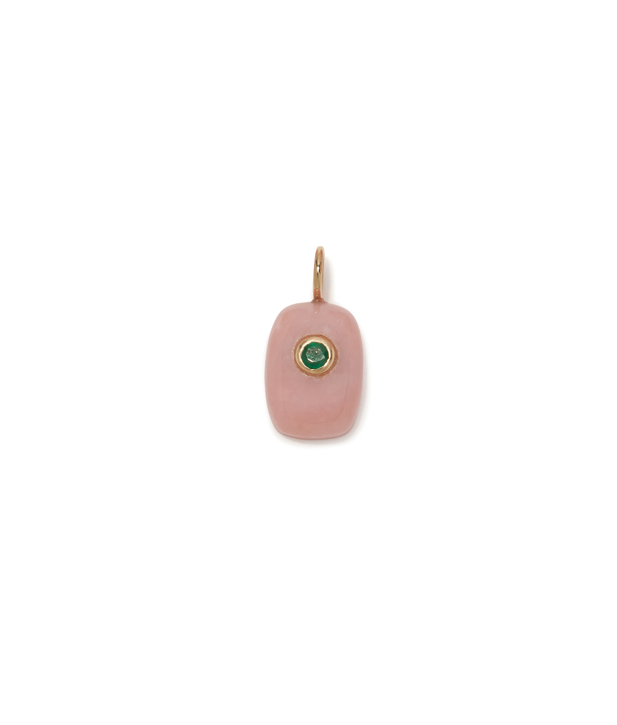 Pink Opal Rectangle & Emerald 14k Gold Necklace Charm. Pink opal soft-sided rectangle inlaid with small emerald stone.