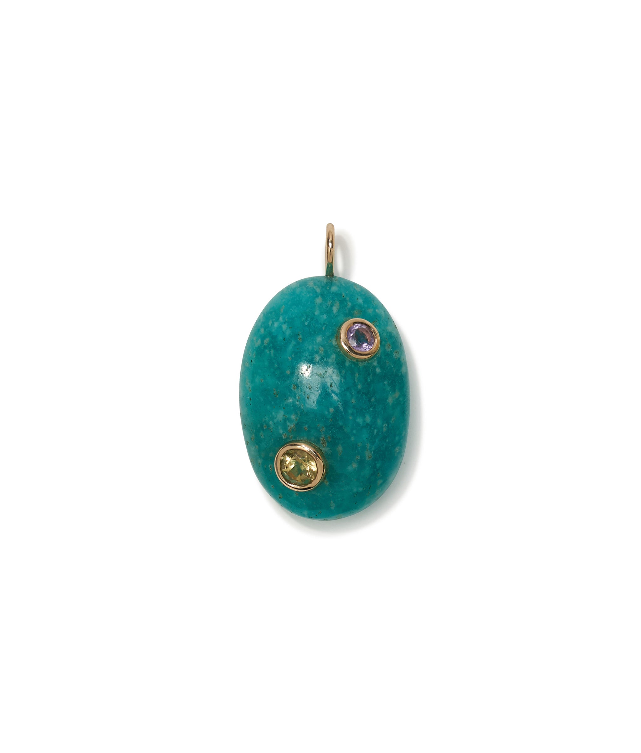 Dotted Amazonite 14k Gold Necklace Charm. Dark aqua oval inlaid with two faceted semiprecious cabochons