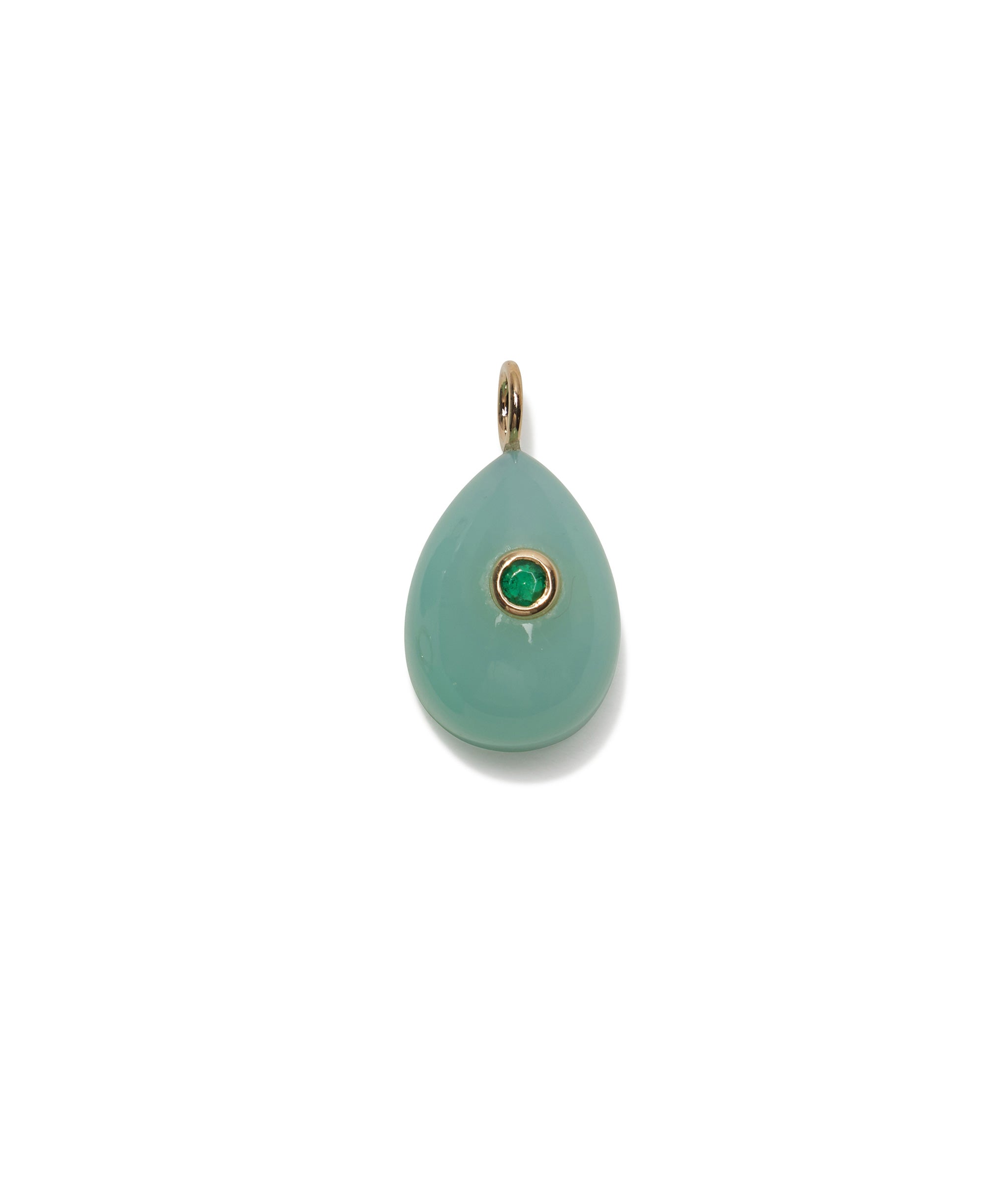 Chrysoprase & Emerald 14k Gold Necklace Charm. Blue-green teardrop charm inlaid with faceted emerald.