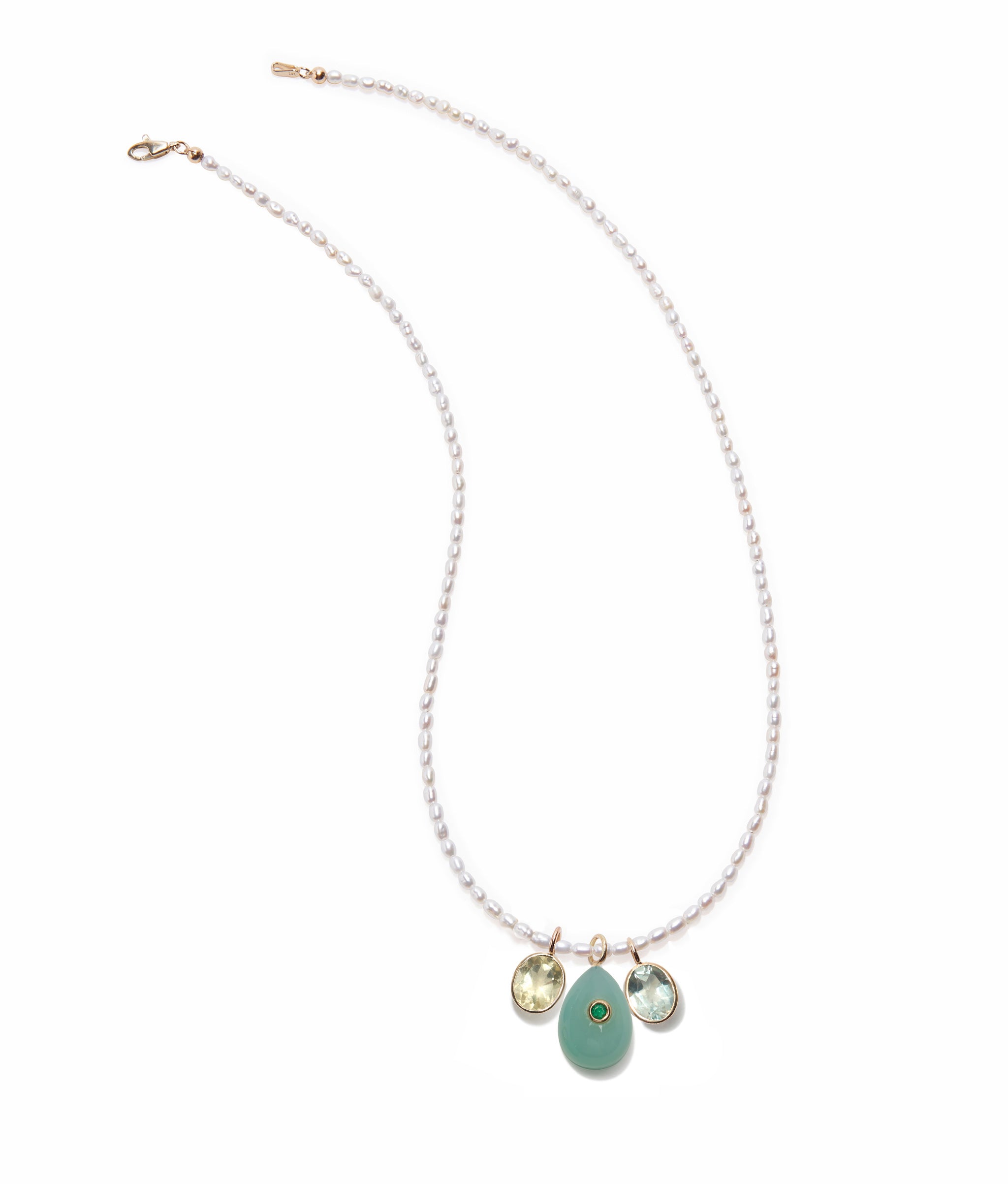 Tiny beaded pearl necklace with three semiprecious charms