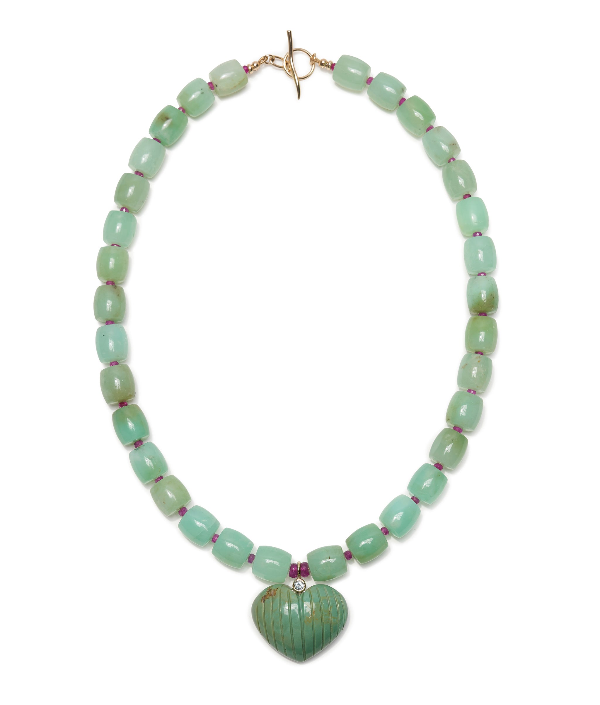 Chrysoprase, Pink Sapphire & 14k Gold Necklace with Carved Turquoise Heart Pendant