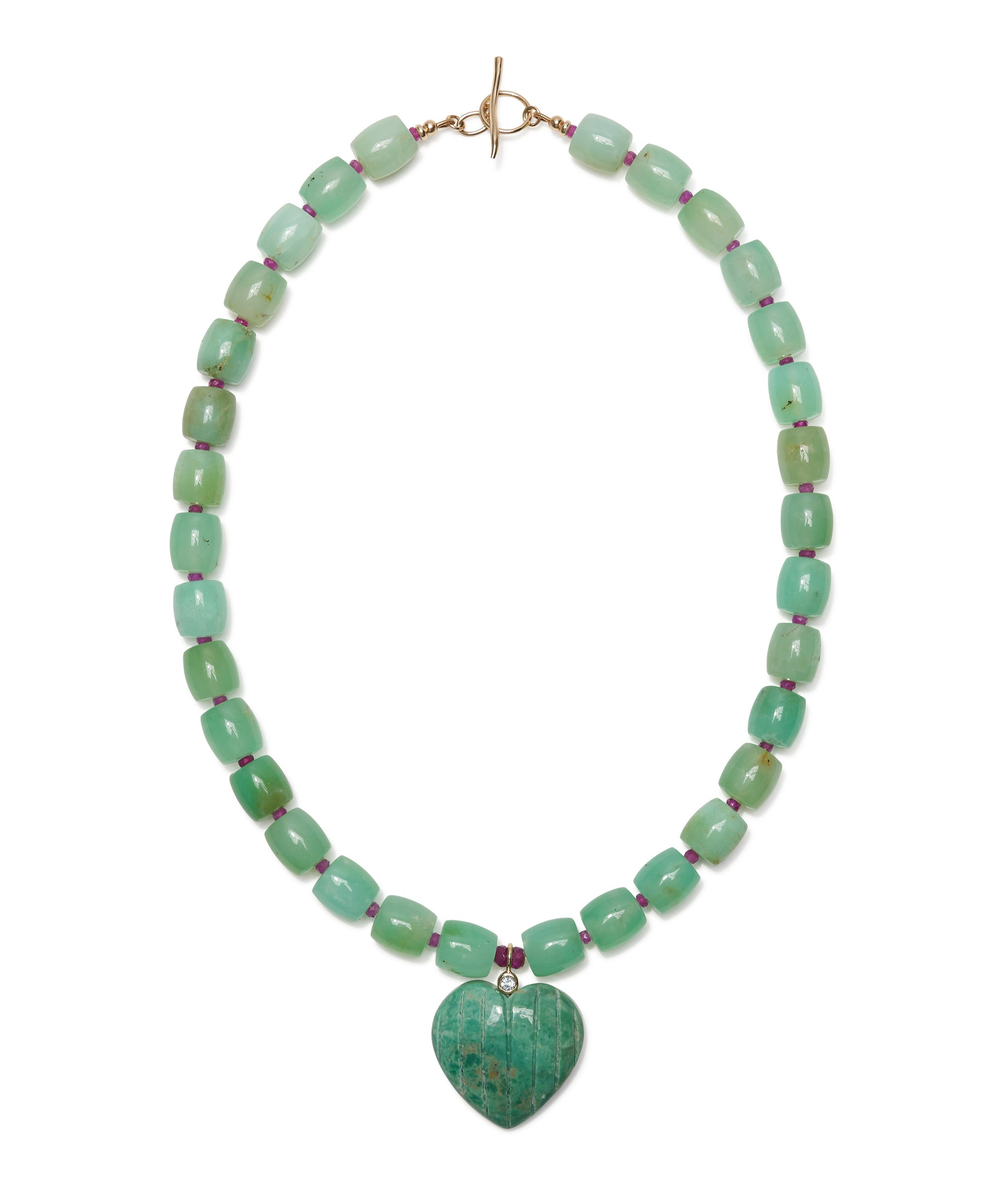 Chrysoprase, Pink Sapphire & 14k Gold Necklace with Carved Turquoise Heart Pendant