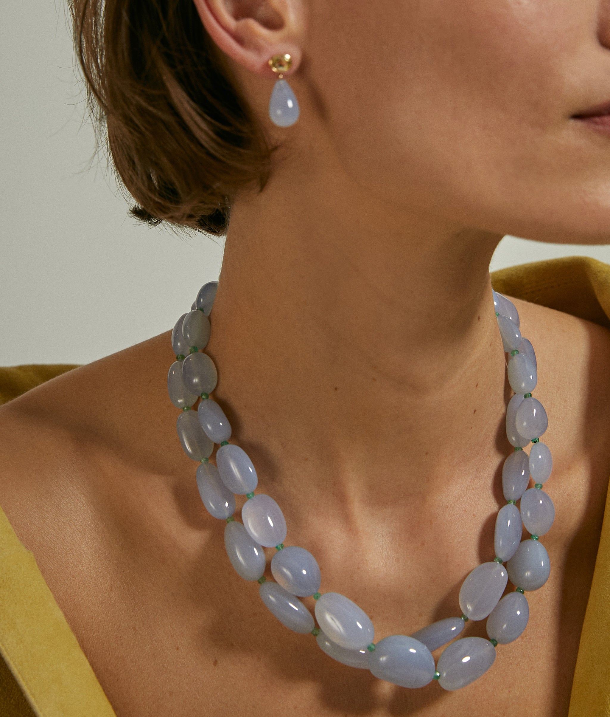 Blue Chalcedony, Emerald & 14k Gold Necklace