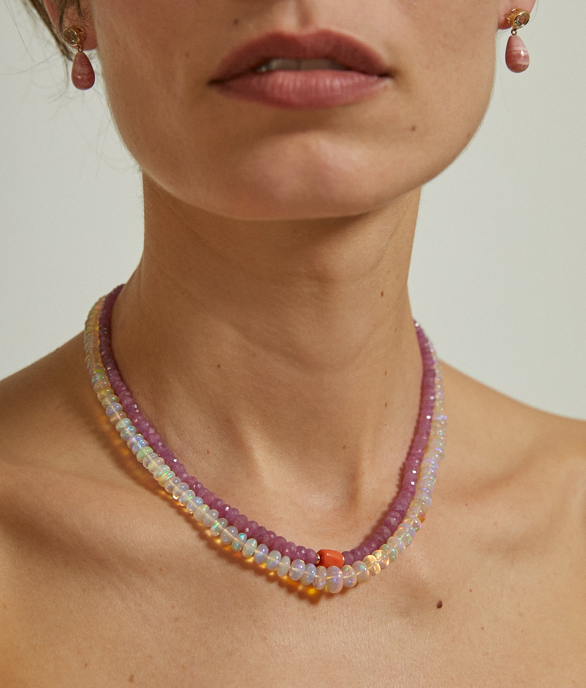 Pink Sapphire, Antique Coral & 14k Gold Necklace