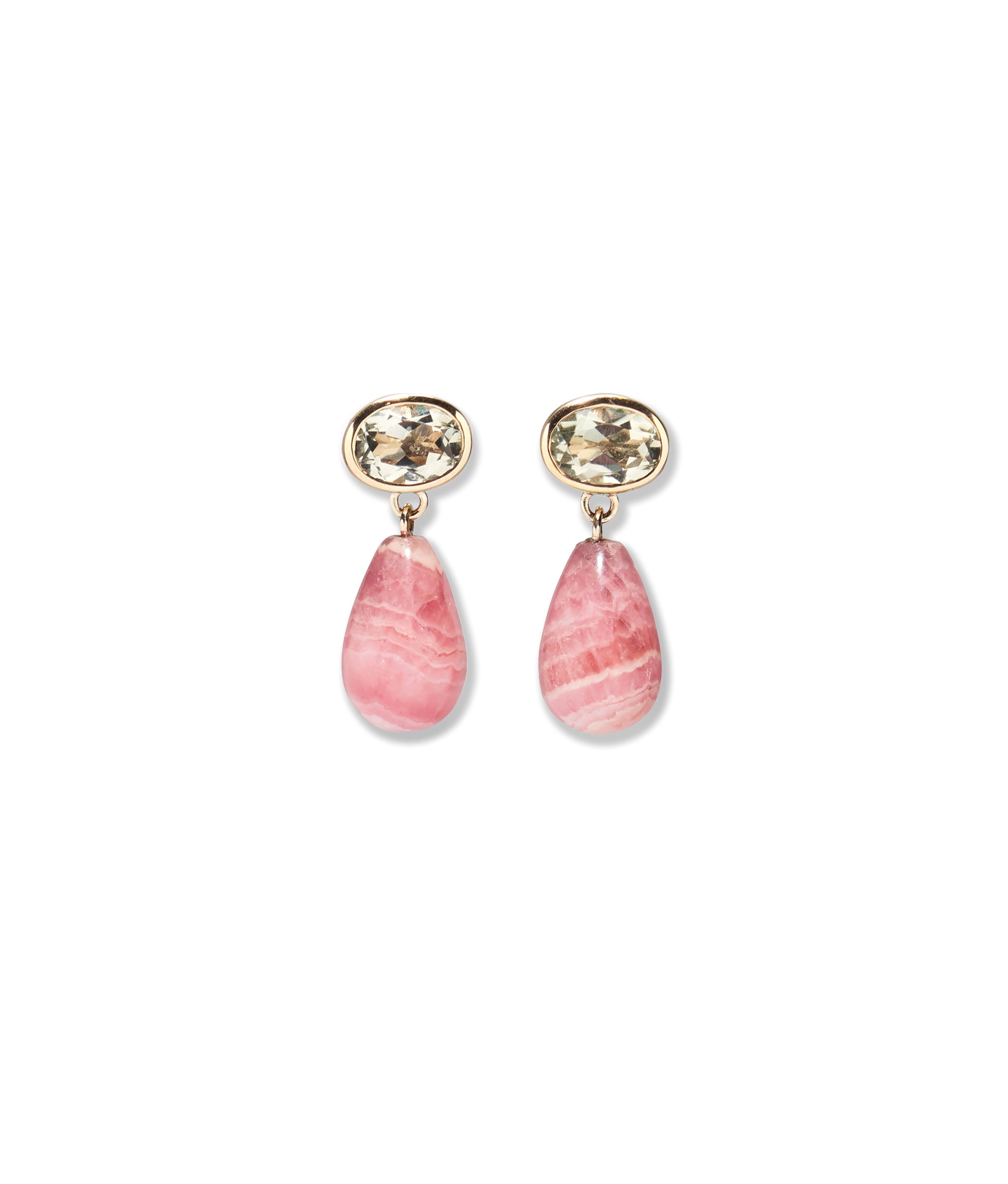 14k Gold Drop Earrings in Green Amethyst & Pink Rhodochrosite